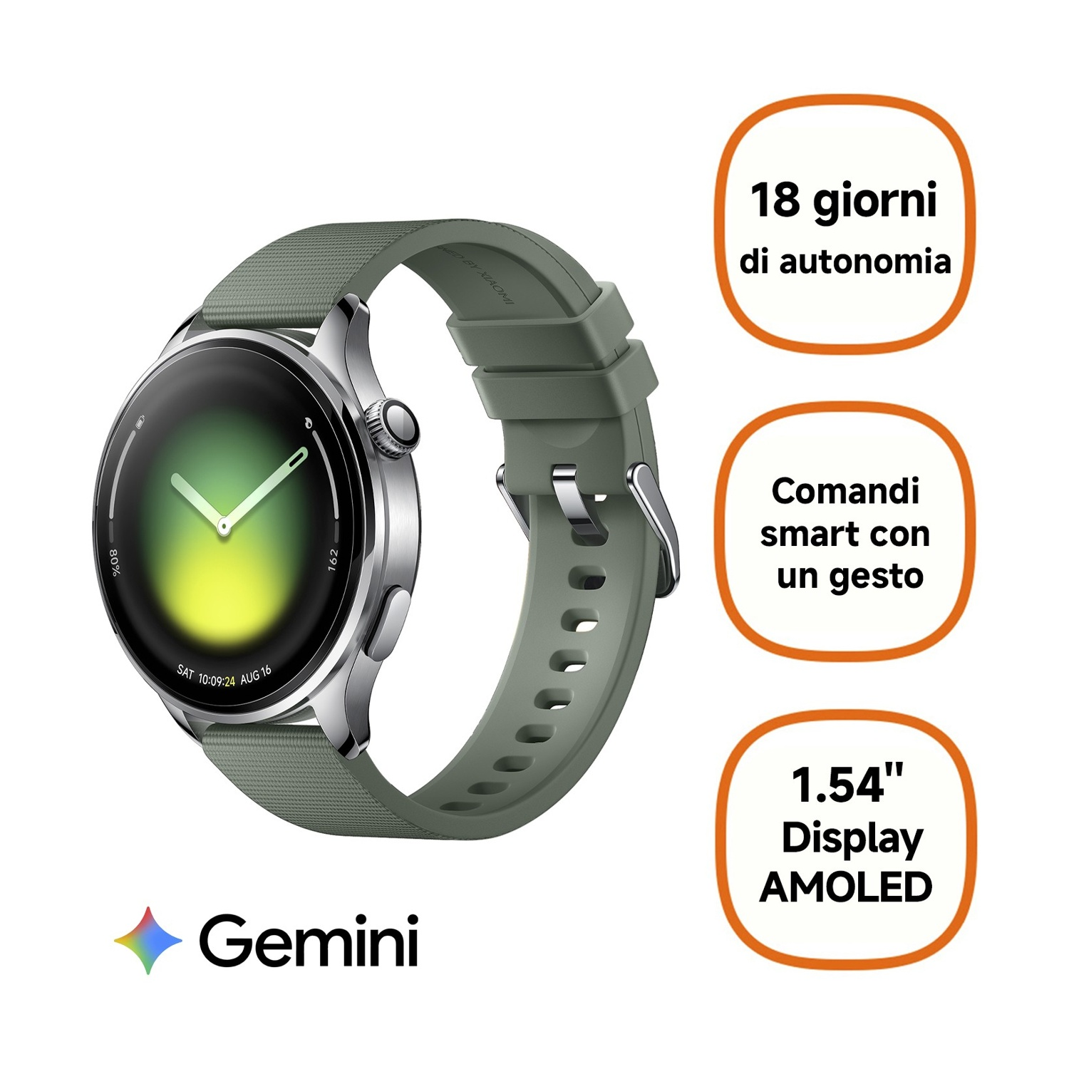 Uno smartwatch verde con cassa argentata e logo Gemini.