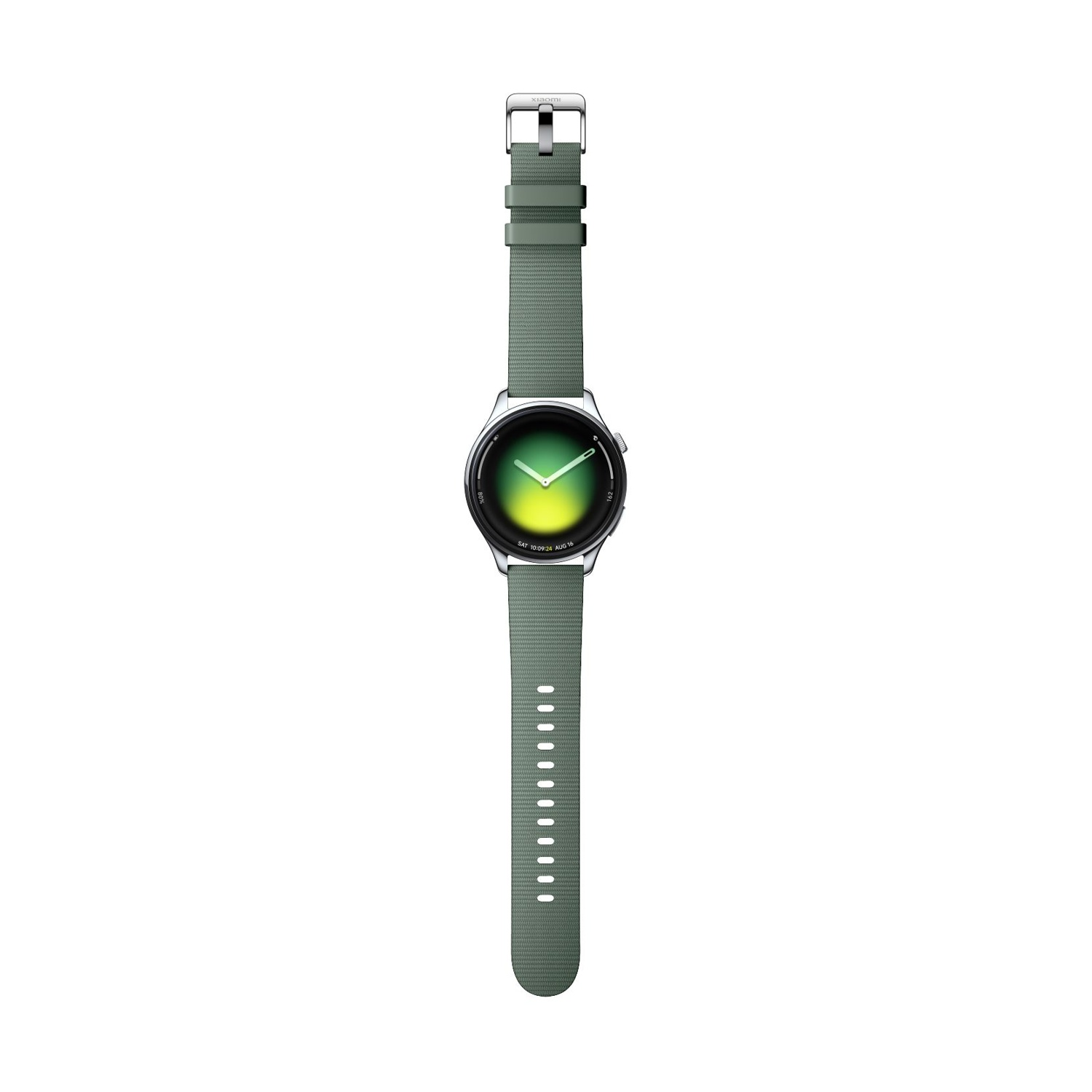 Uno smartwatch verde con cassa argentata e quadrante con accenti gialli e verdi.