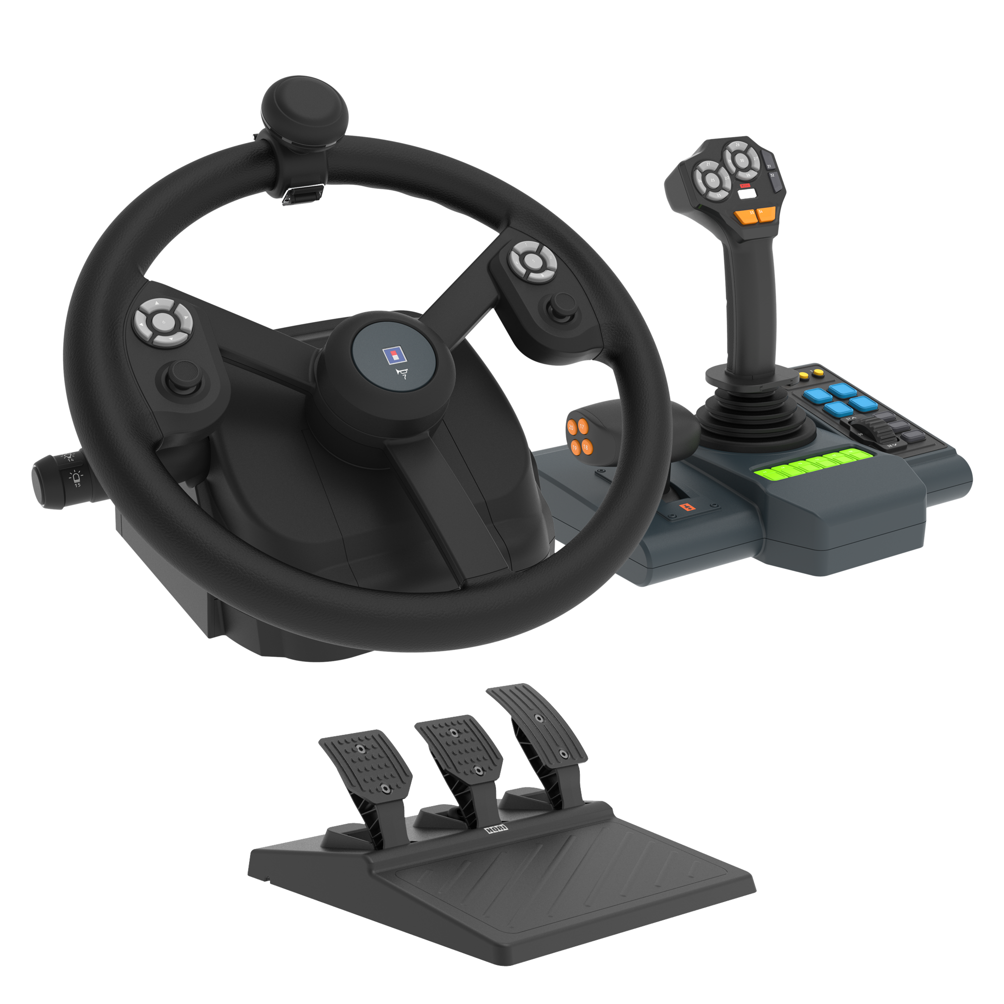 Oyun için siyah direksiyon, joystick ve üç pedaldan oluşan set.
