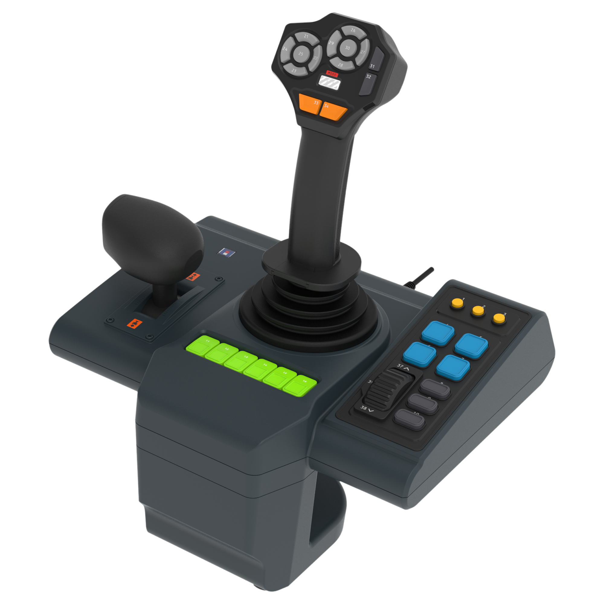 Siyah arka plan üzerinde yeşil, mavi ve sarı düğmeli koyu gri joystick kontrolcü.