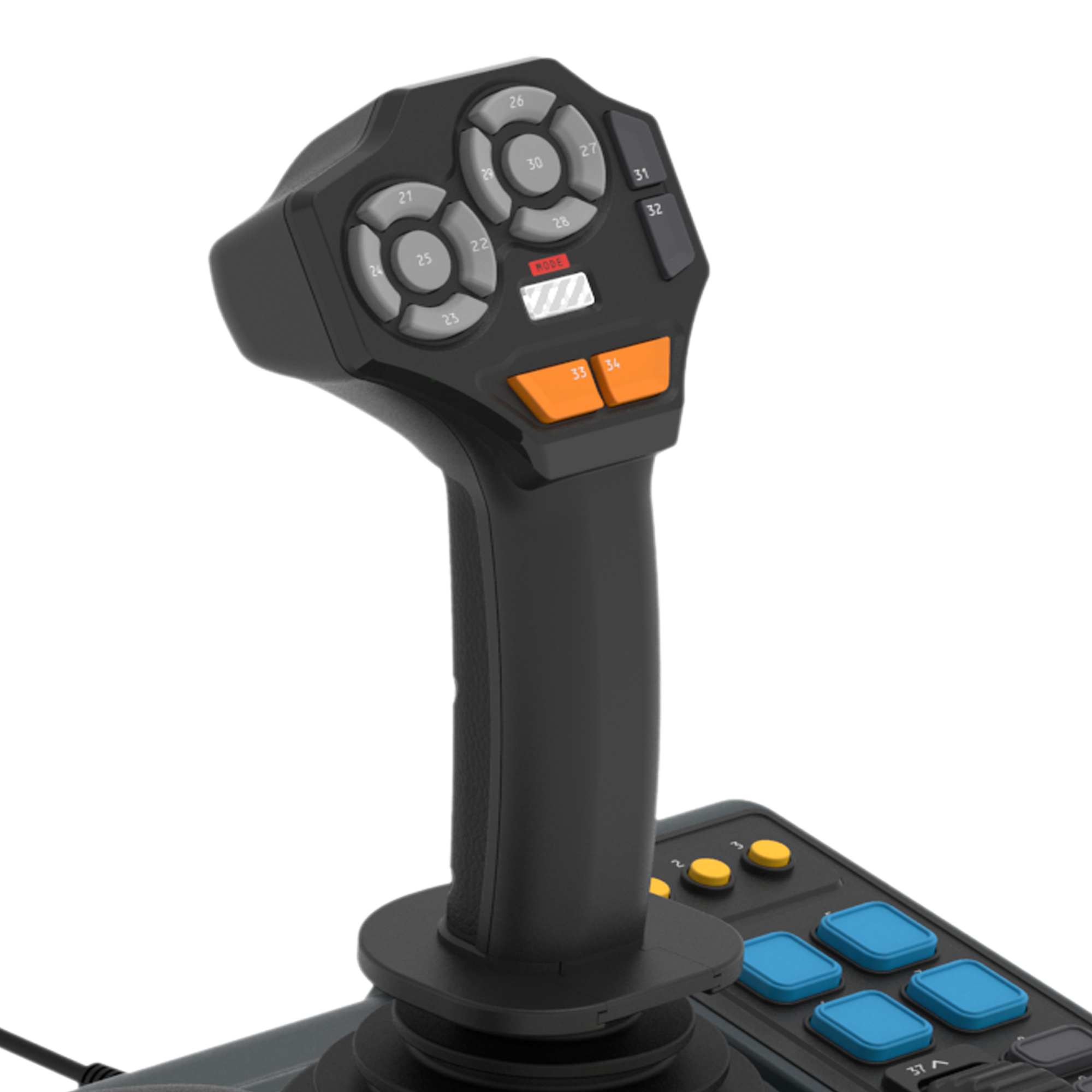 Siyah bir taban üzerinde gri ve turuncu düğmeli siyah bir joystick.