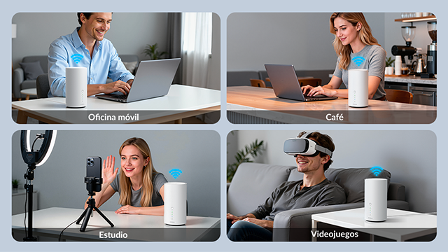 Cuatro escenas: Hombre en oficina, mujer en café, mujer en estudio, hombre con VR.