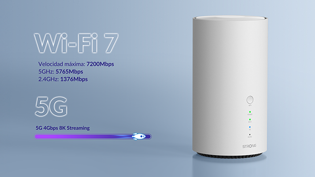 Wi-Fi 7, velocidad máxima 7200 Mbps, 5GHz: 5765Mbps, 2.4GHz: 1376Mbps, 5G 4Gbps 8K streaming