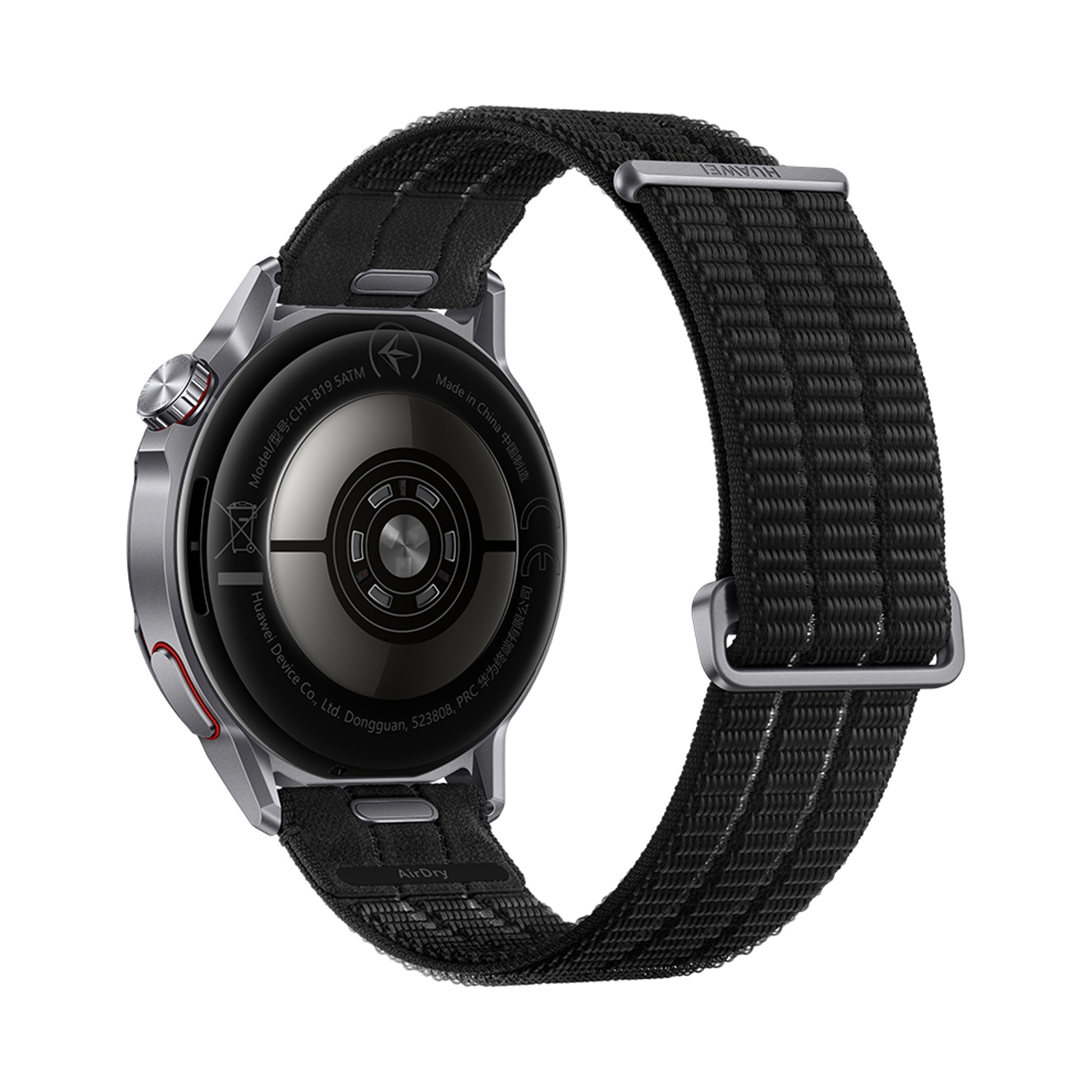 Un cinturino per orologio in tessuto nero attaccato a uno smartwatch argentato con segni dettagliati sul retro.