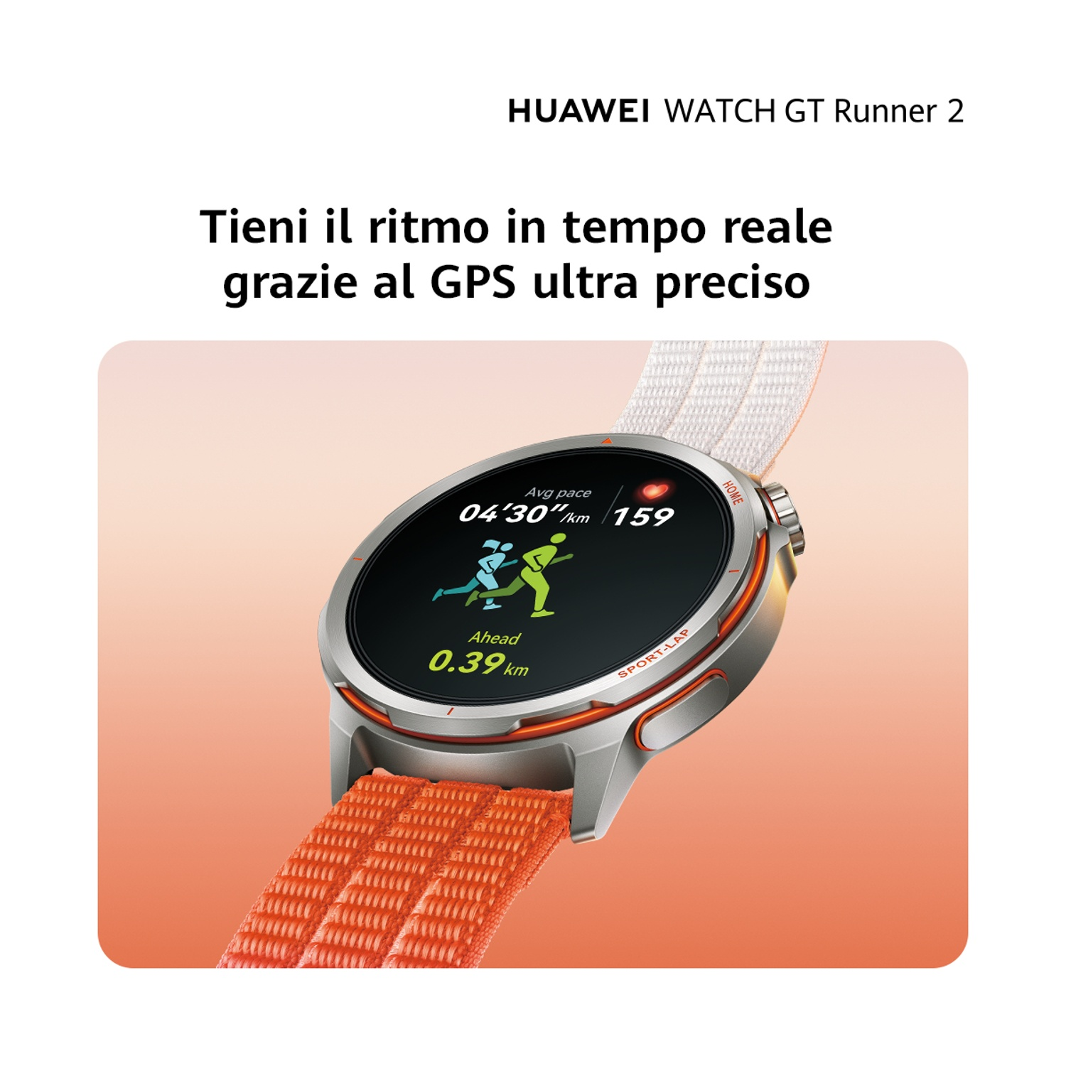 HUAWEI WATCH GT Runner 2 con cinturino arancione che mostra dati di corsa.