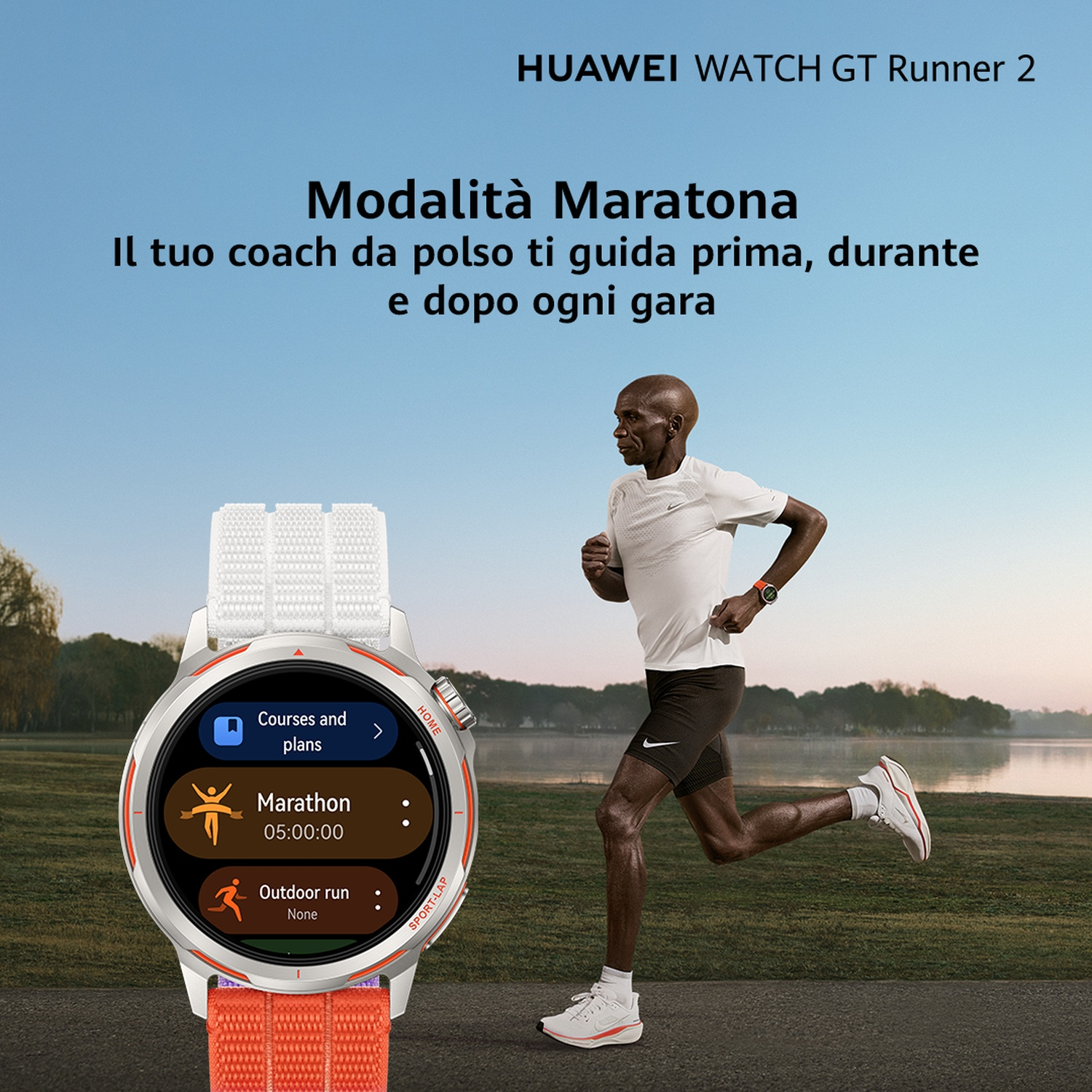 Un uomo corre con uno smartwatch. L'orologio mostra opzioni maratona.