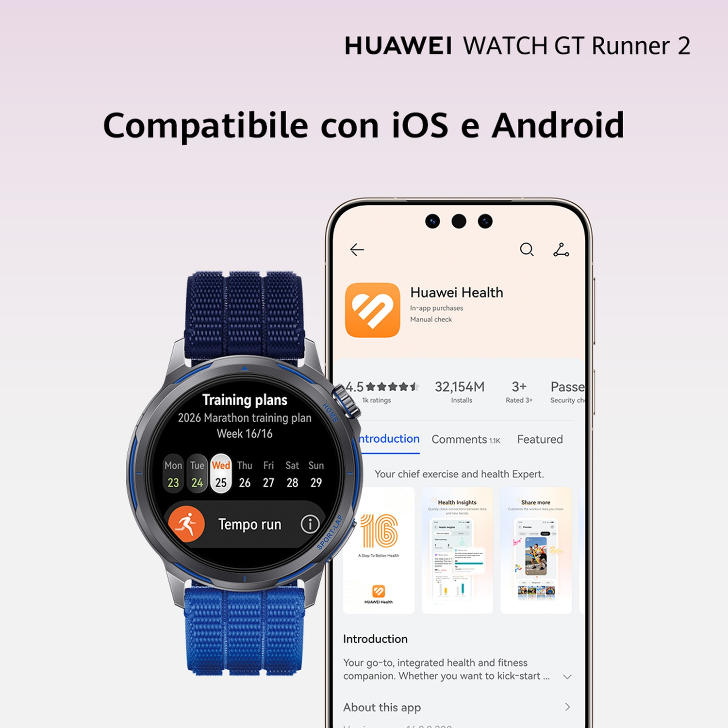 Huawei Watch GT Runner 2 con ghiera blu, mostra app. Compatibile iOS/Android.