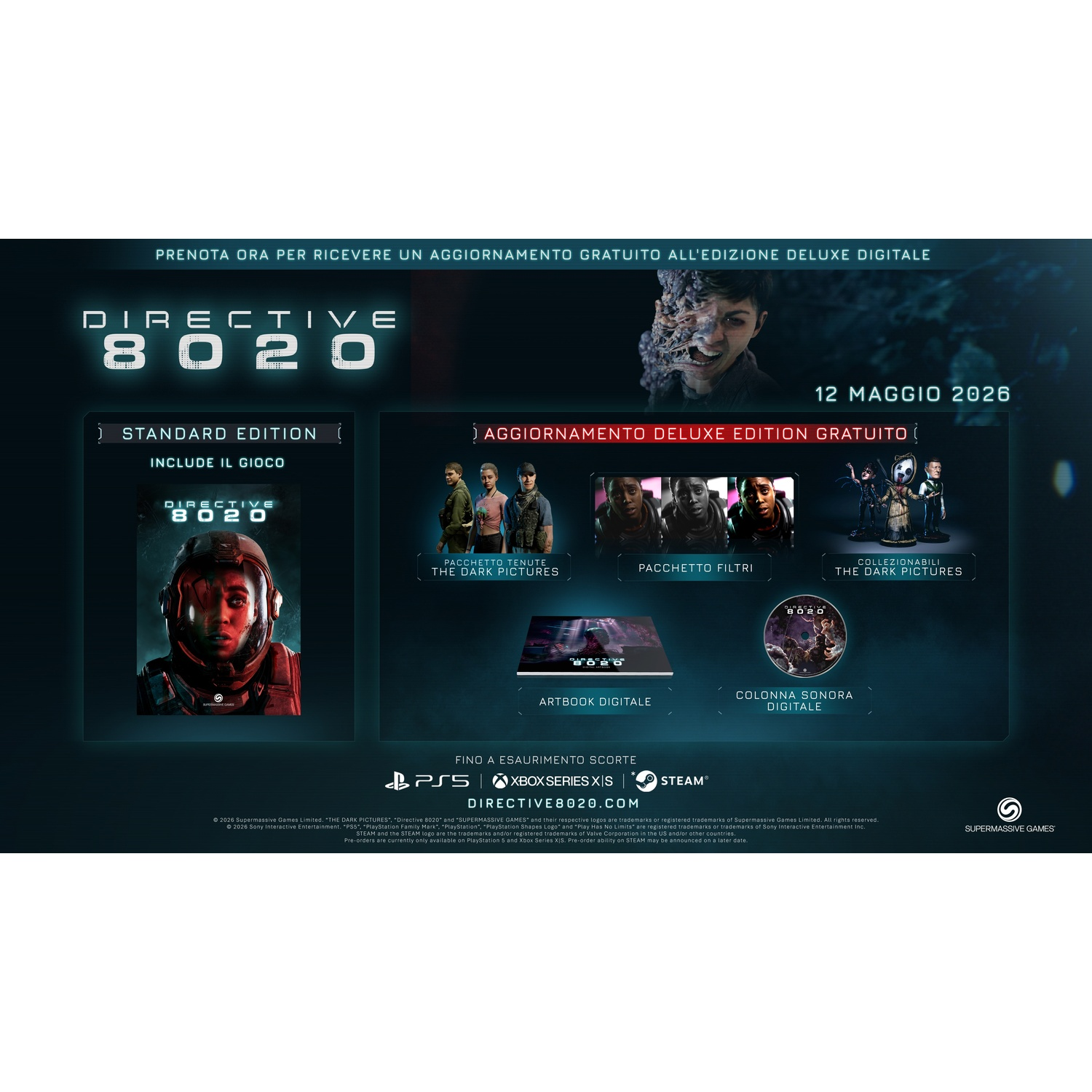 Pubblicità del gioco Directive 8020 che mostra contenuti edizione standard e deluxe.
