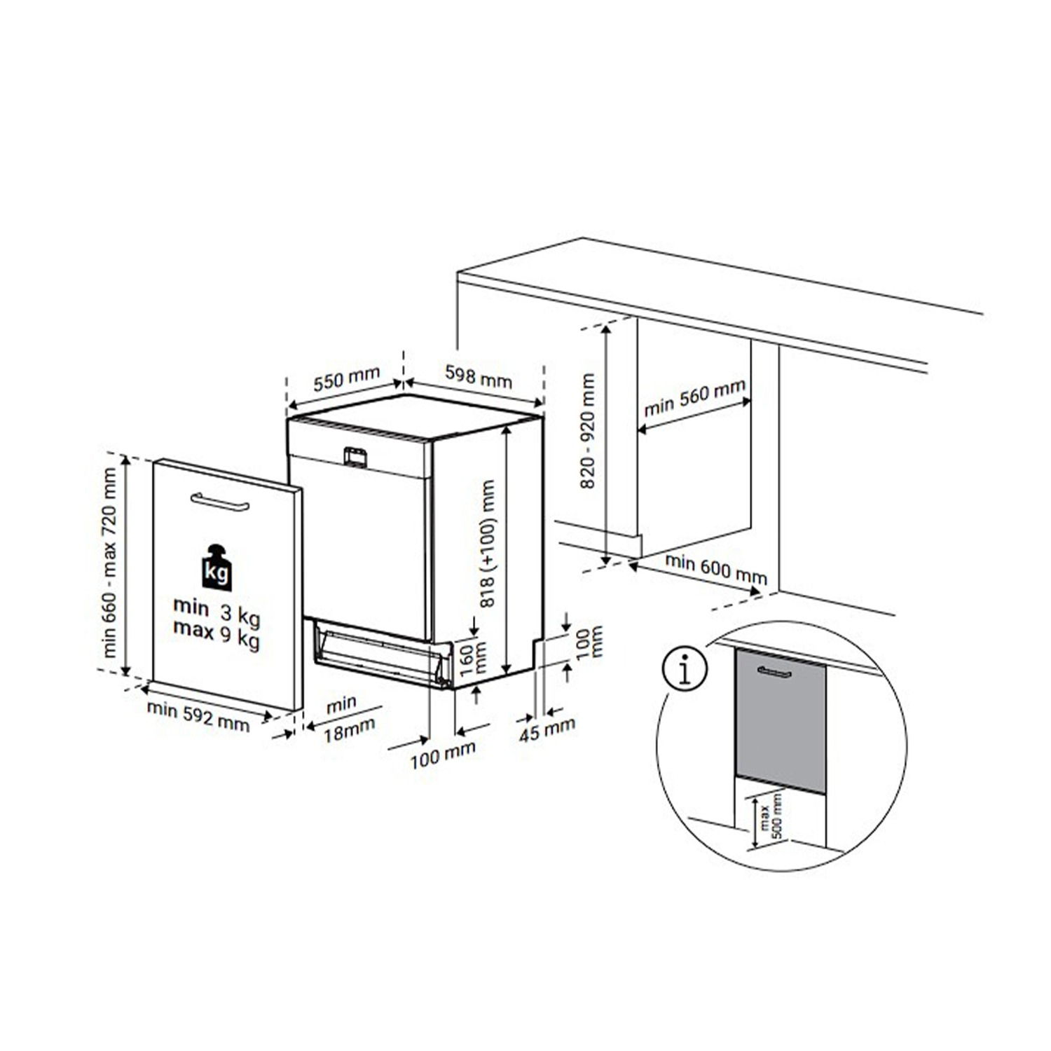 Disegno tecnico di una lavastoviglie con dimensioni e guida all'installazione.