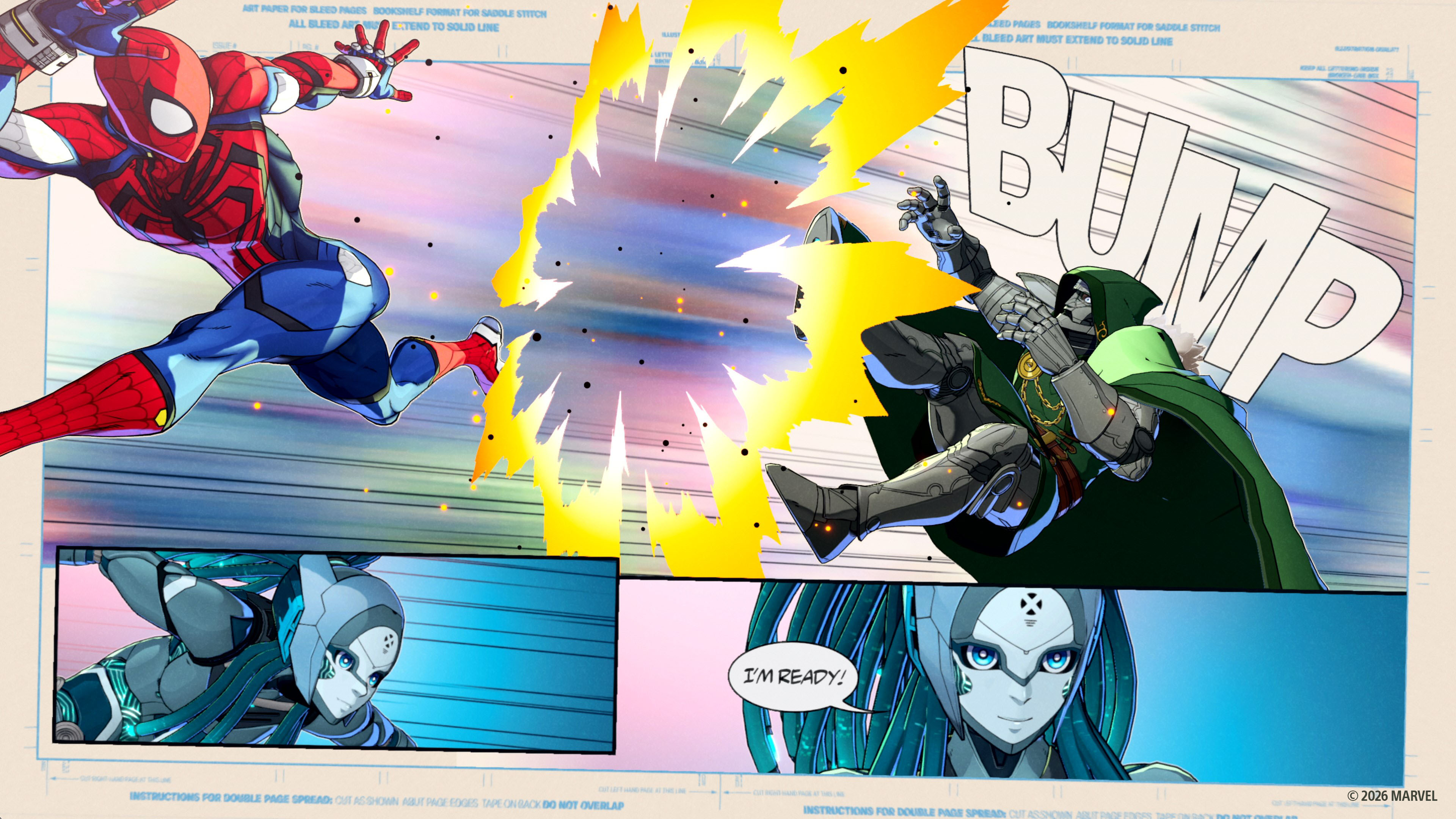 Spider-Man kämpft gegen Doctor Doom und einen Cyborg. Eine Frau sagt: „Ich bin bereit!“