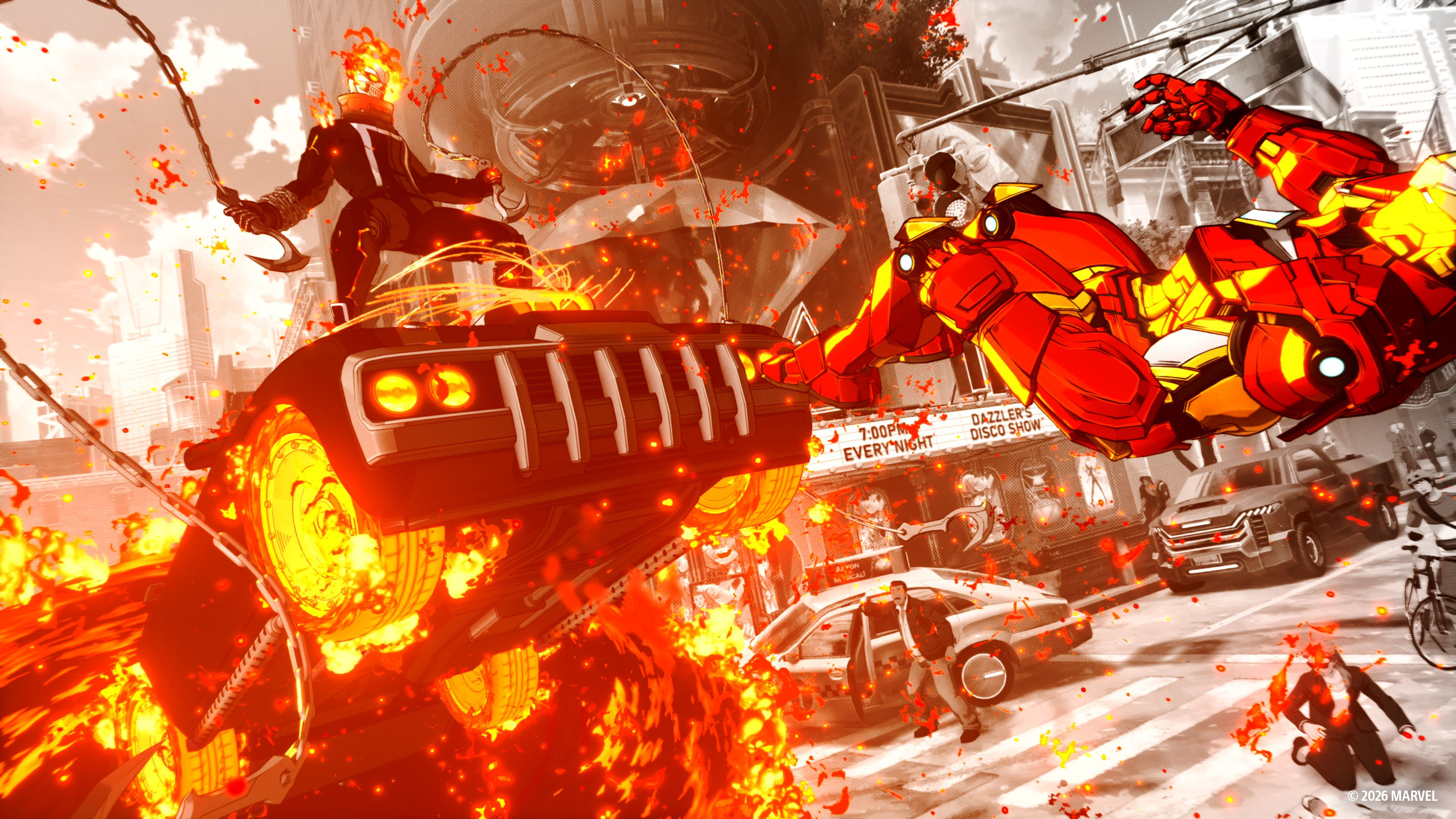 Ghost Rider auf einem brennenden Auto mit Iron Man im Kampf vor einer Disco.