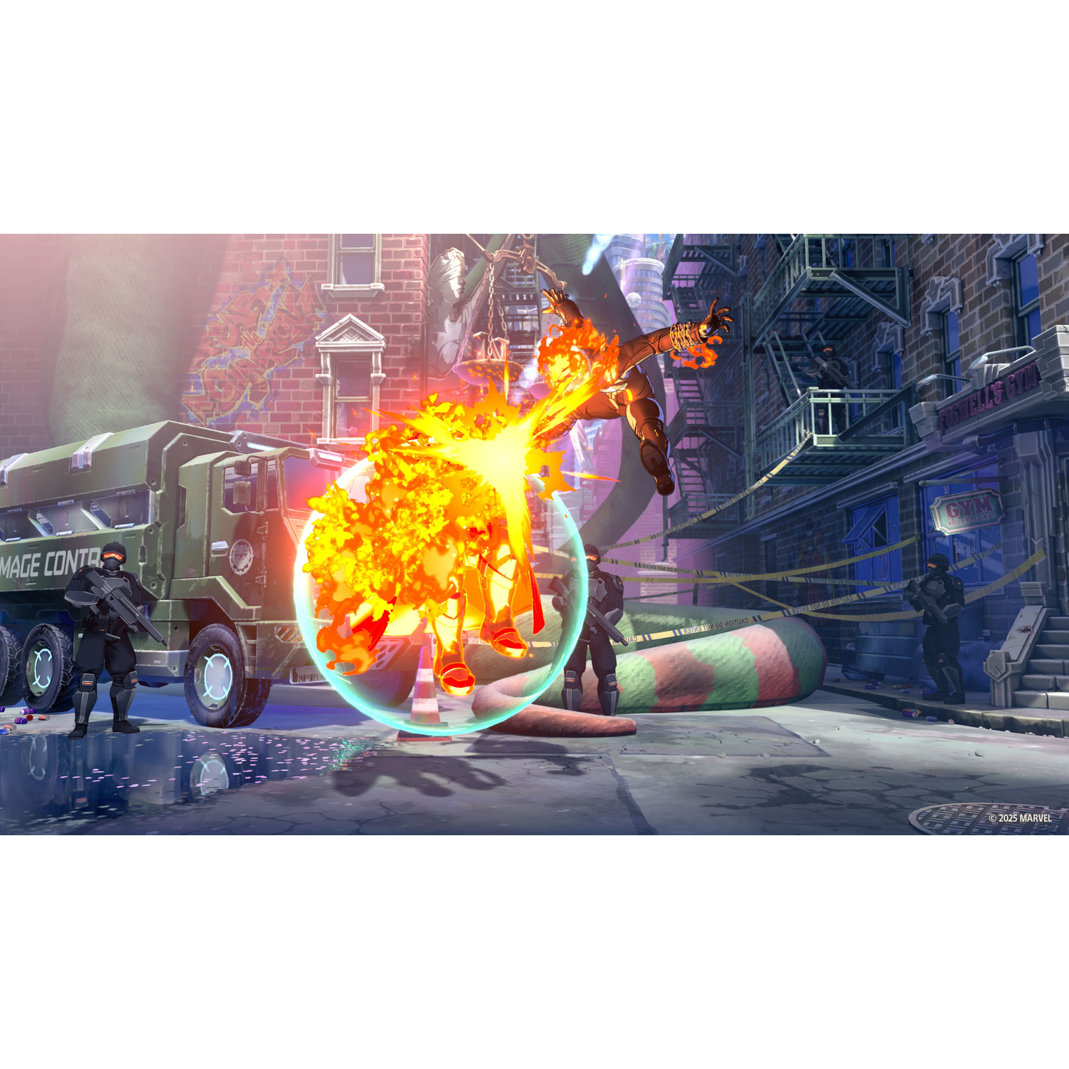 A man in flames fights in an alley next to a truck.