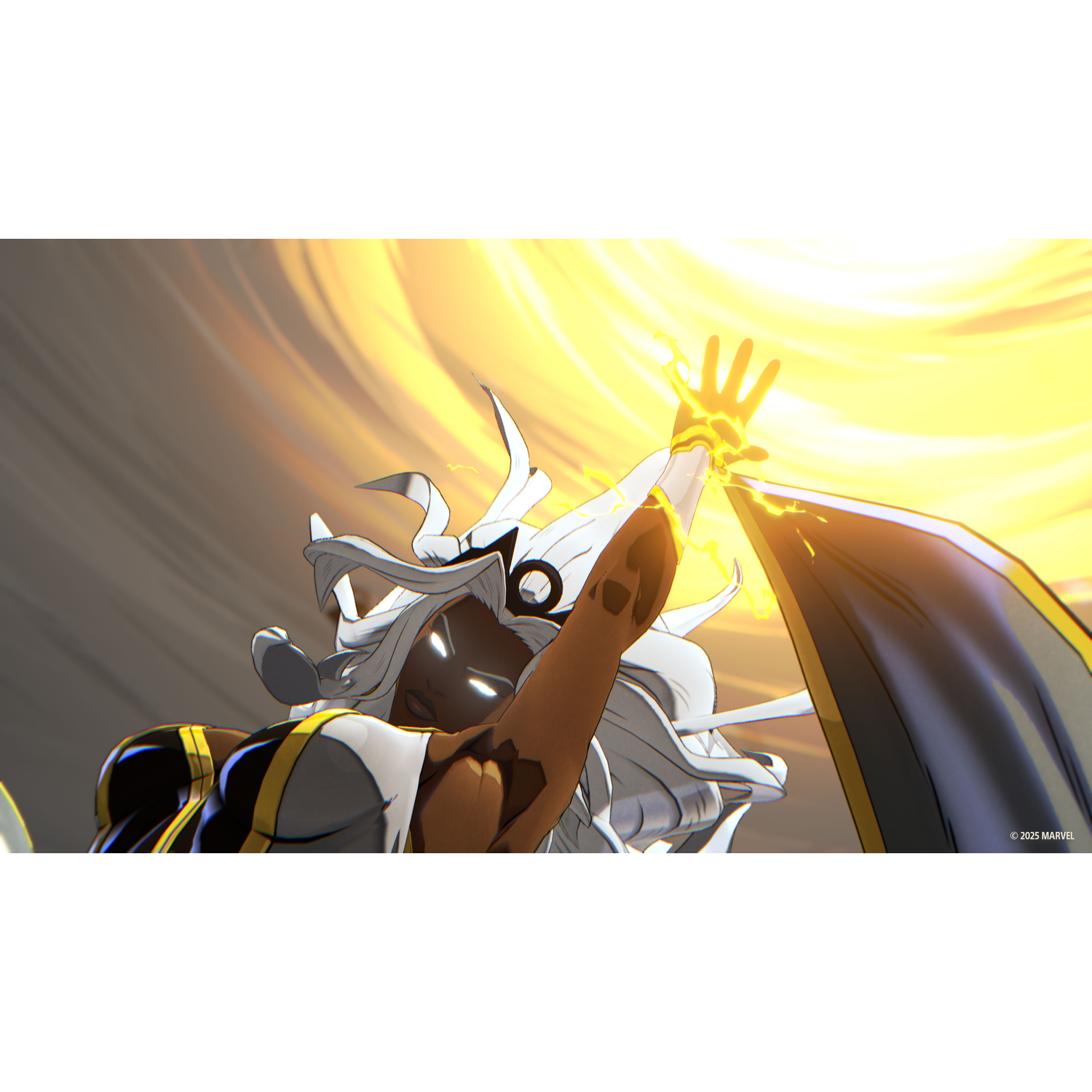 Storm with white eyes raises her hand, unleashing lightning in a yellow vortex.