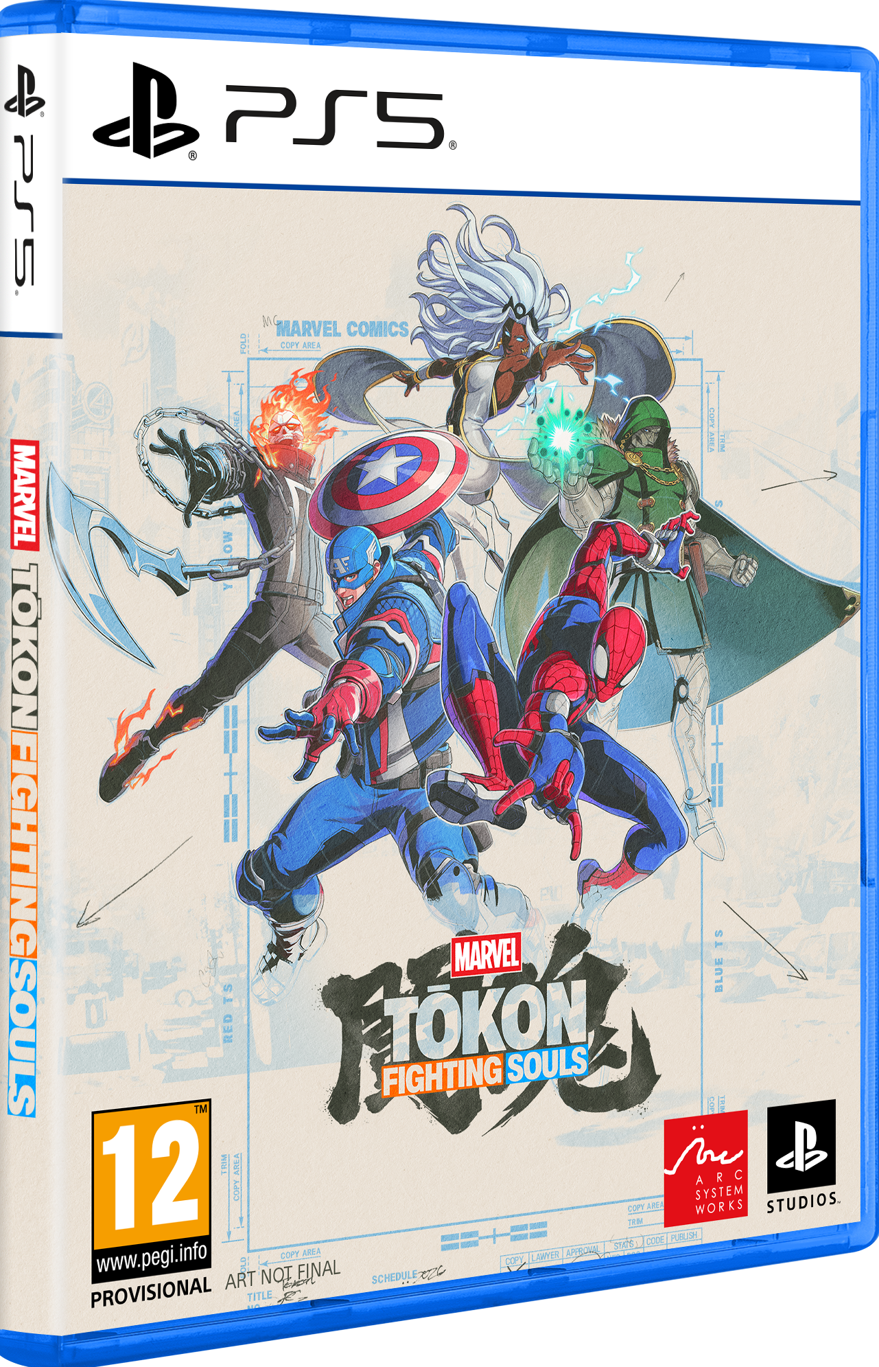 Marvel-Charaktere Captain America, Spider-Man, Ghost Rider, Storm und Doctor Doom auf einem Spielcover.