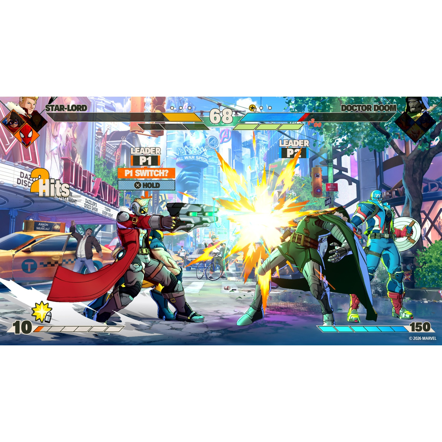 Marvel vs DC vechtspel, Star-Lord tegen Doctor Doom in een stad.