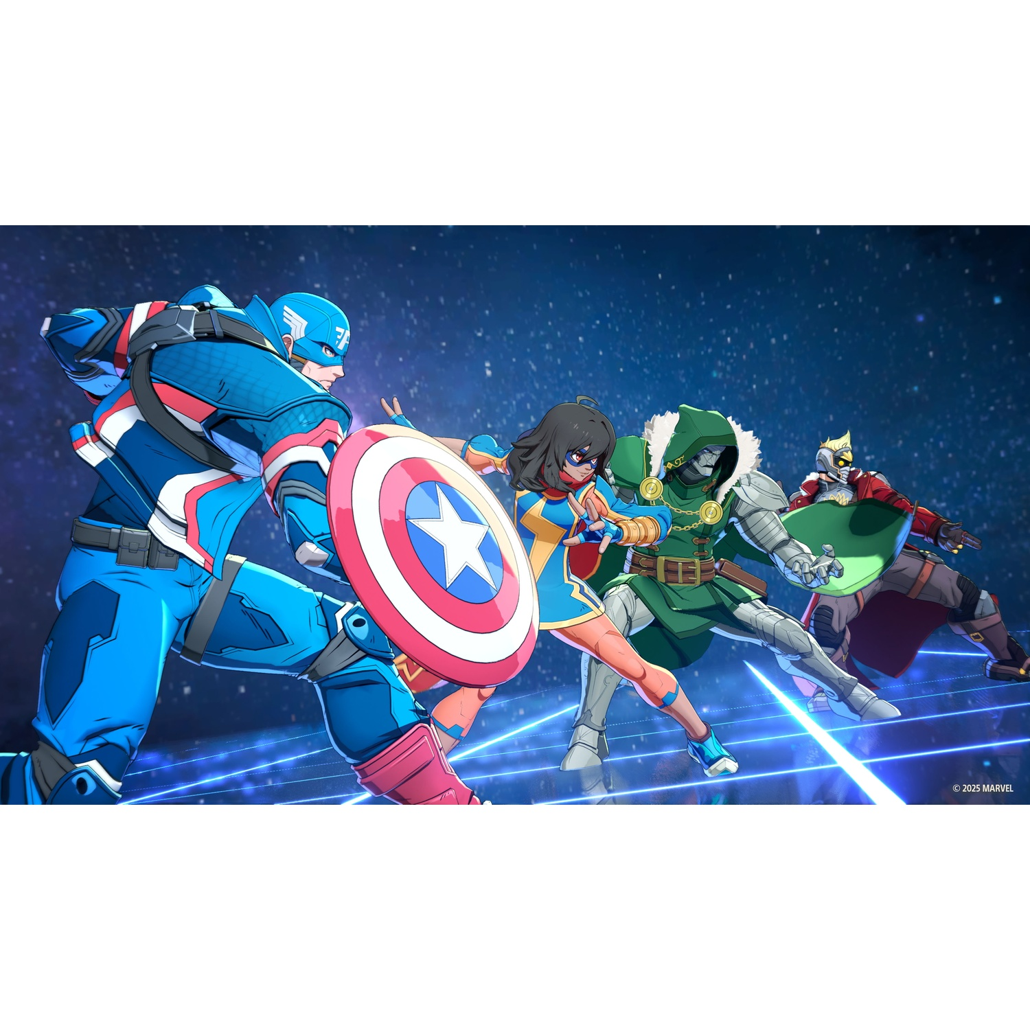Captain America, Ms. Marvel, Doctor Doom en een andere held in gevecht.