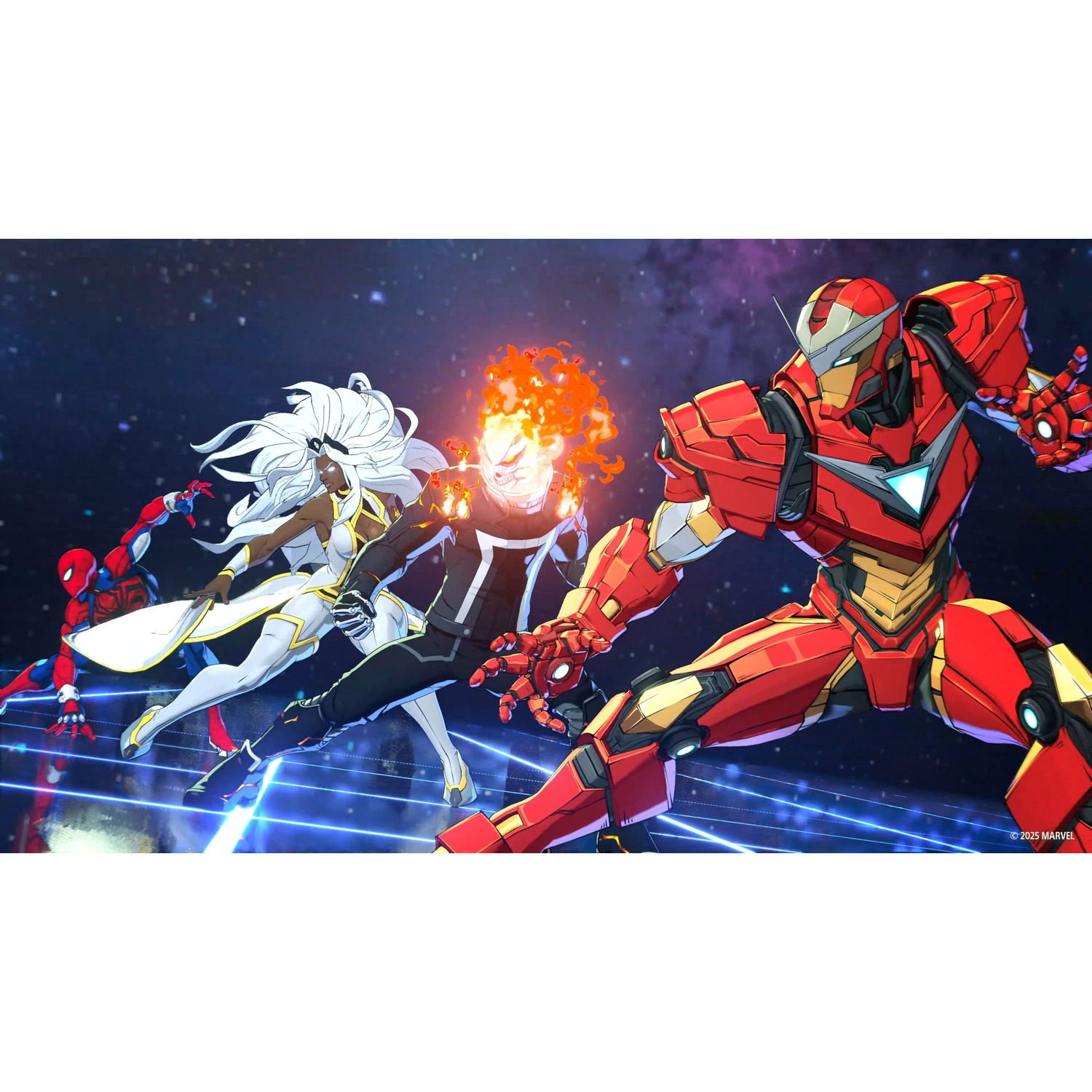 Marvel-helden: Iron Man, Spider-Man, Storm en Ghost Rider in de ruimte.