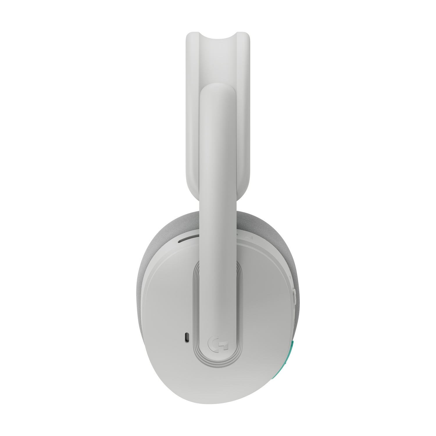 Cuffie wireless bianche con tessuto grigio e logo Logitech.