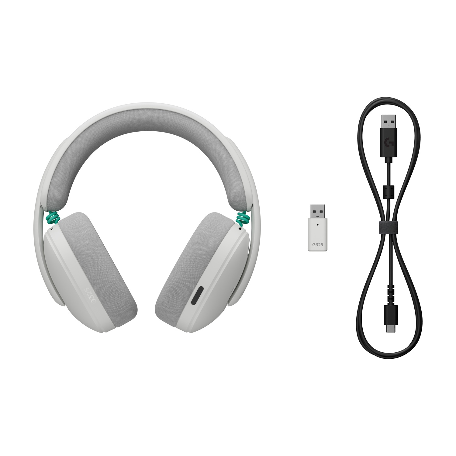Cuffie bianche con padiglioni grigi, dongle USB e cavo di ricarica.