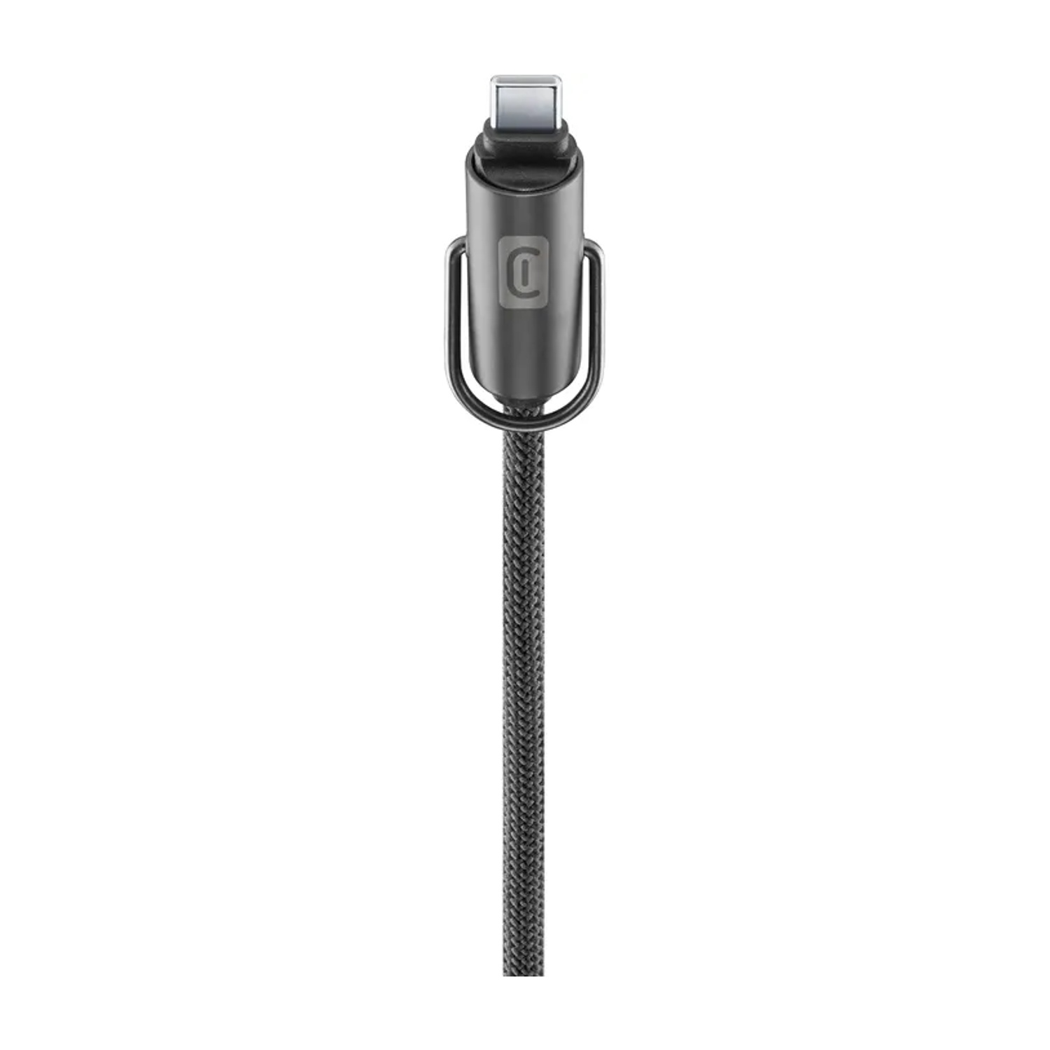 Un cavo USB-C grigio con connettore metallico e cavo intrecciato.