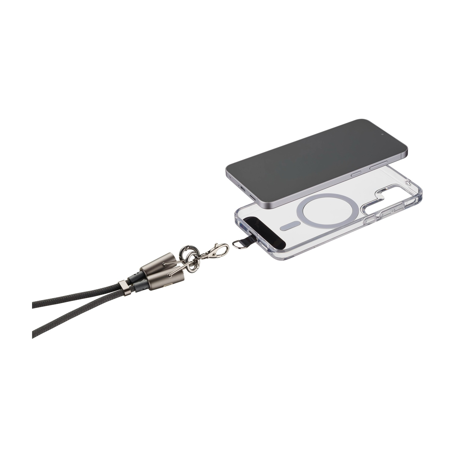 Una cover trasparente per telefono con anello magnetico e cordino.