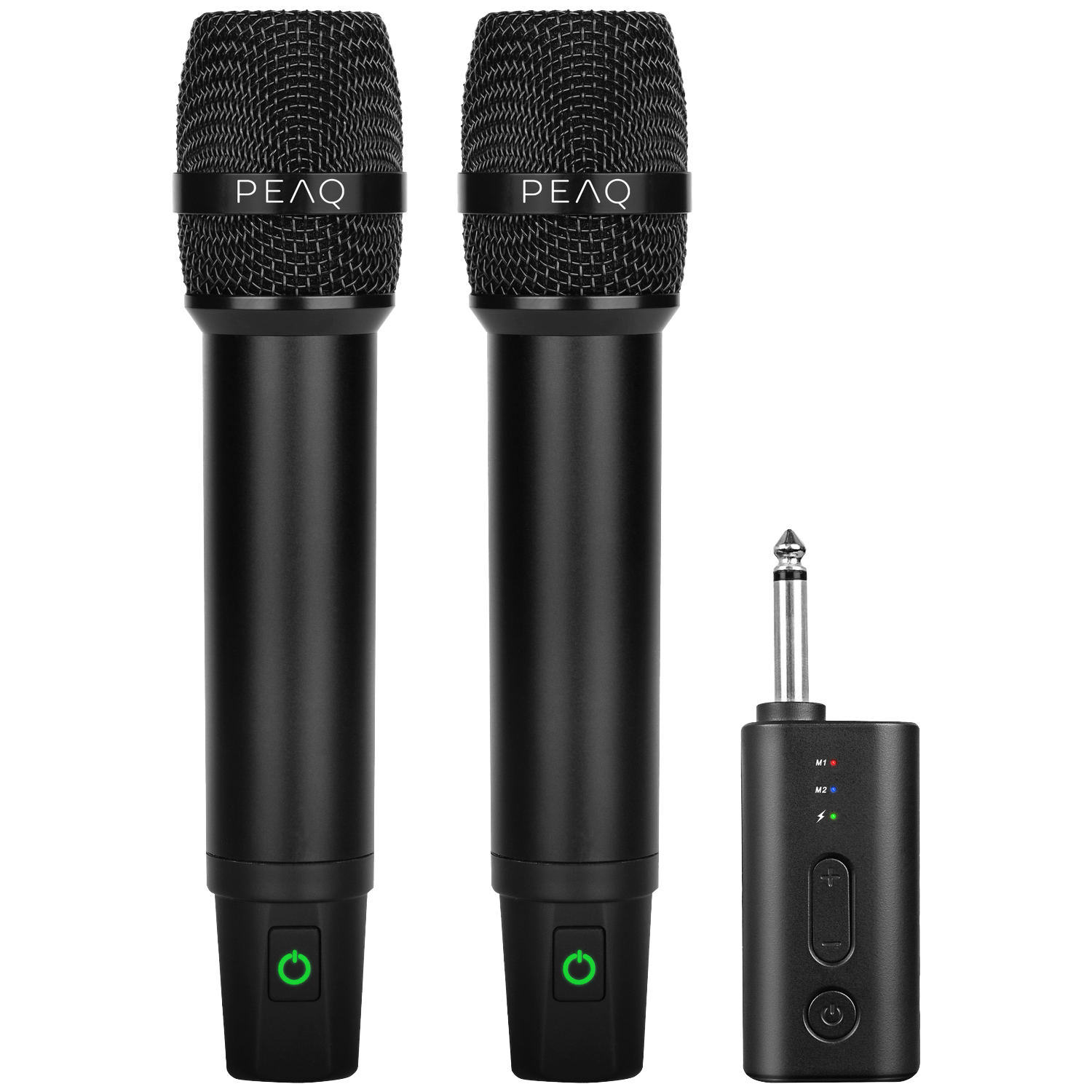 Two black microphones and a black receiver with a jack plug.