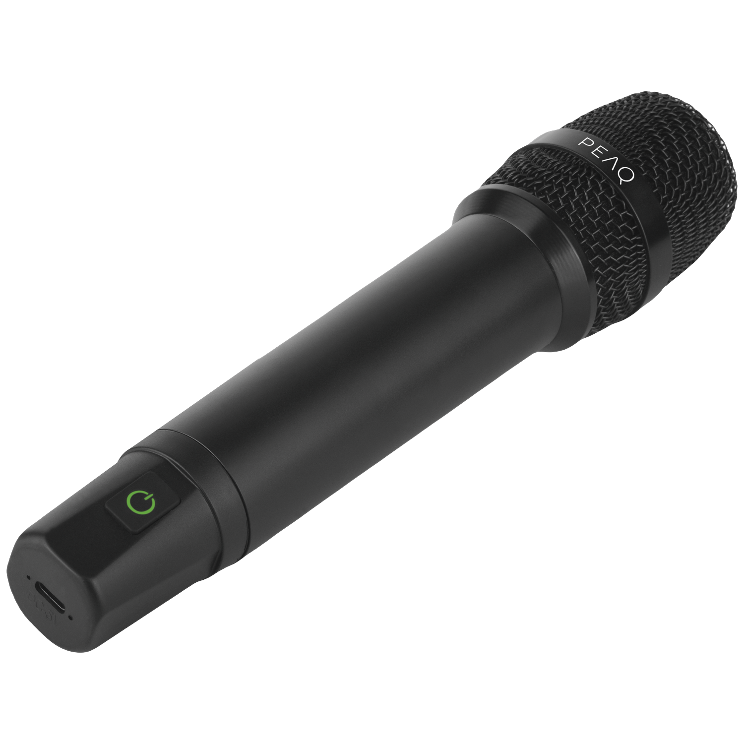 Black microphone with a mesh grille head and power button.