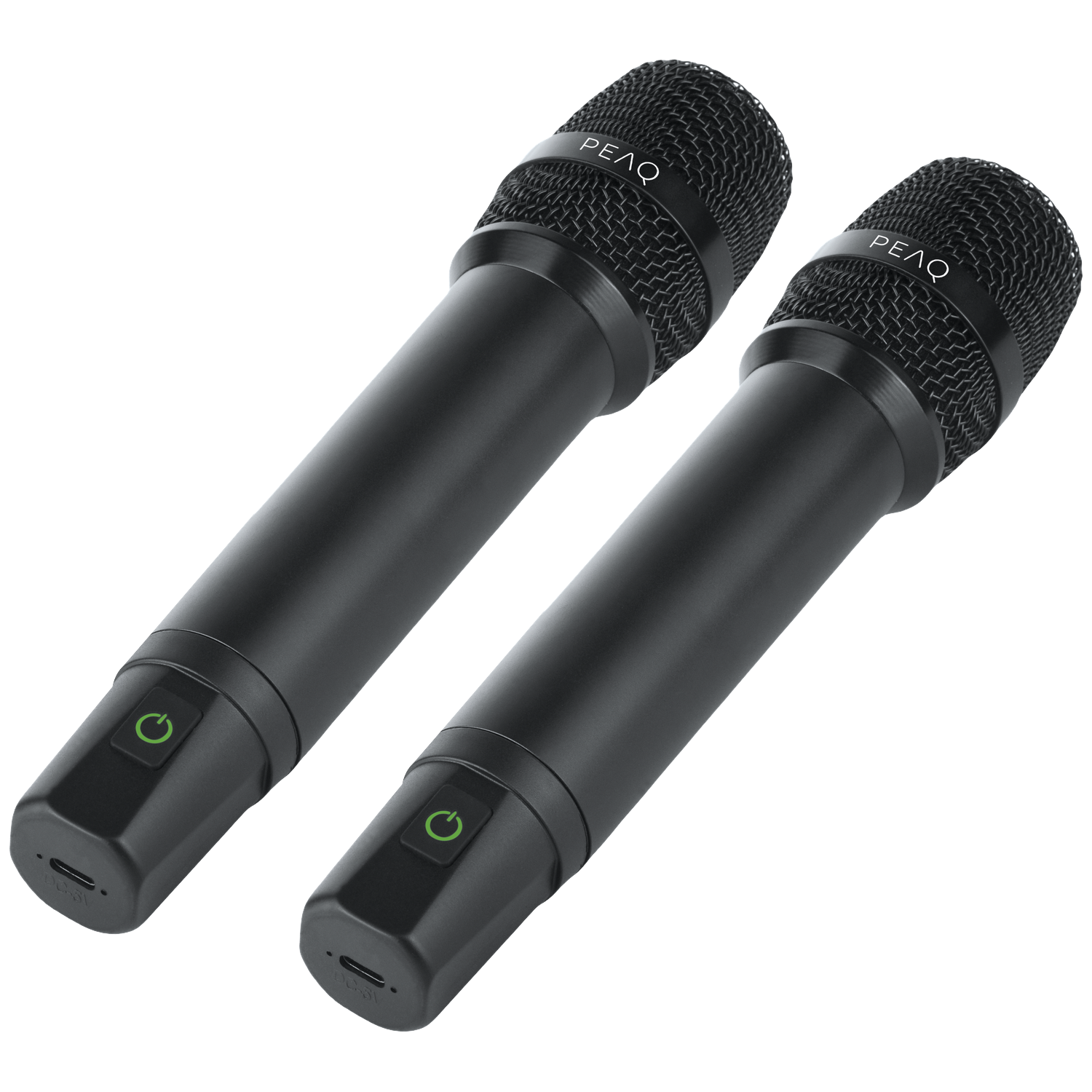 Two black microphones with PEAQ logo and green power button.
