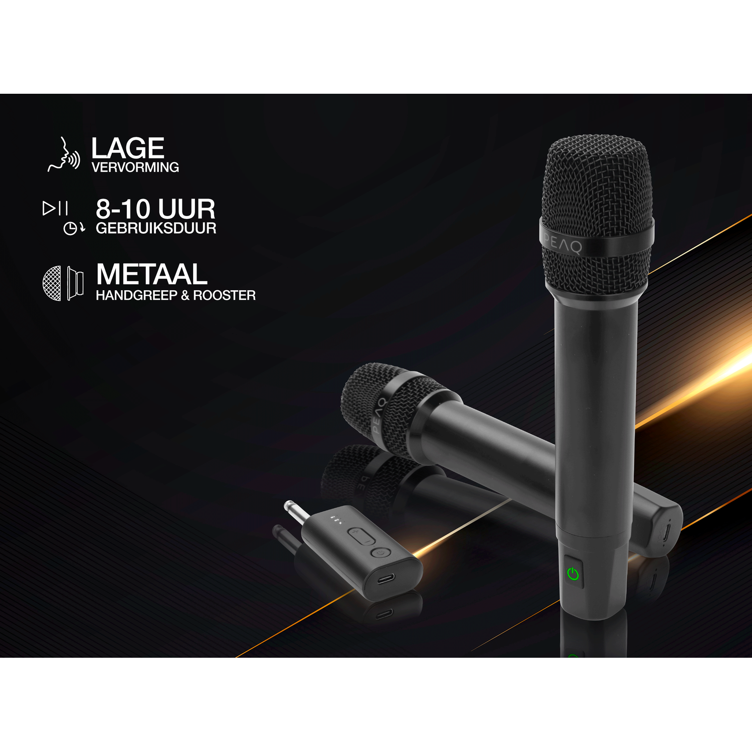 Two black microphones and a small black receiver on a dark background.