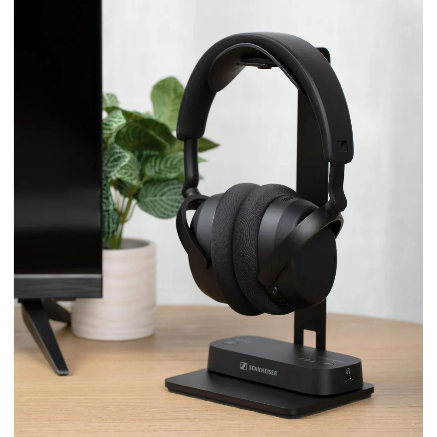 Black headphones on a stand next to a potted plant.