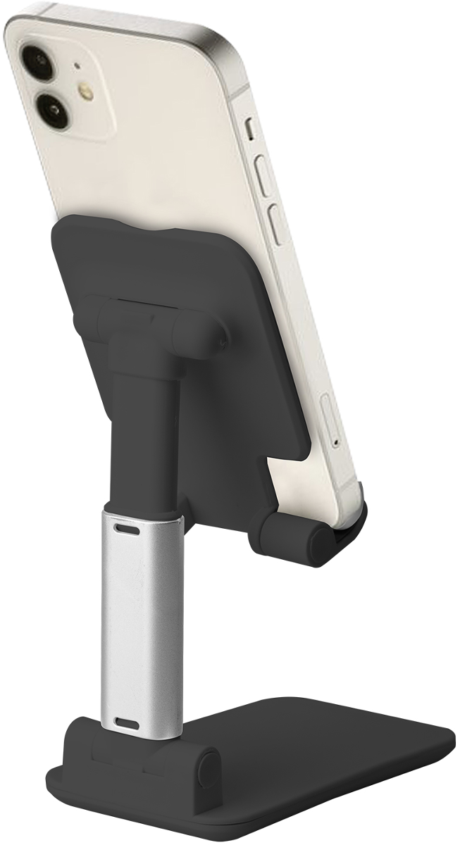 Ein Smartphone auf einem schwarzen, verstellbaren Ständer auf weißem Hintergrund.