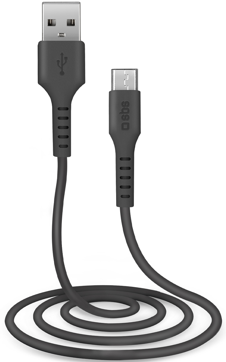 Ein schwarzes USB-zu-Micro-USB-Kabel mit beiden Anschlüssen sichtbar.