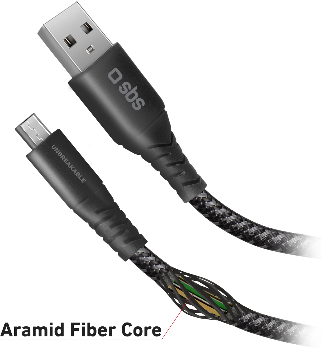 Schwarzes USB-Kabel mit "sbs"-Logo. Ein Ende zeigt den USB-A-Stecker, das andere den Micro-USB-Stecker.