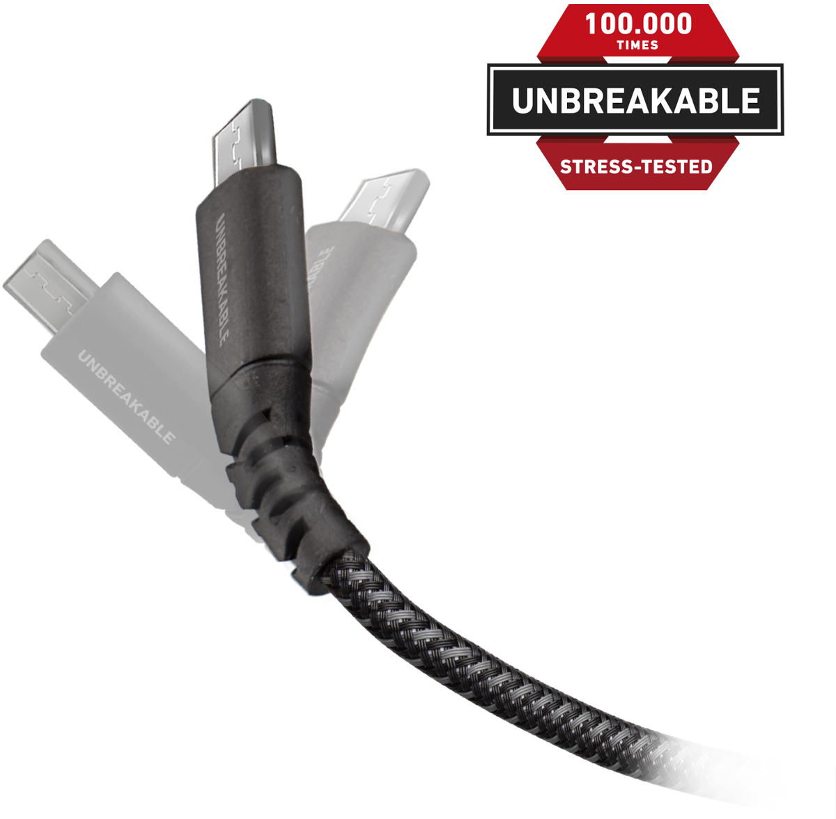 Ein USB-C-Kabel mit Stoffummantelung und zwei Anschlüssen.
