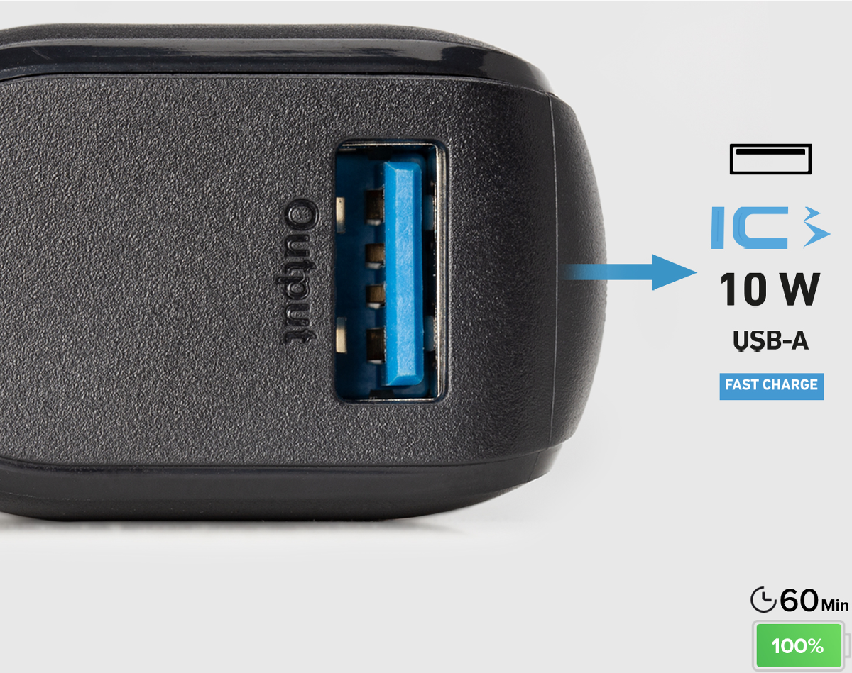 Schwarzes USB-Ladegerät mit blauem Anschluss. 10W, USB-A, Schnellladung.