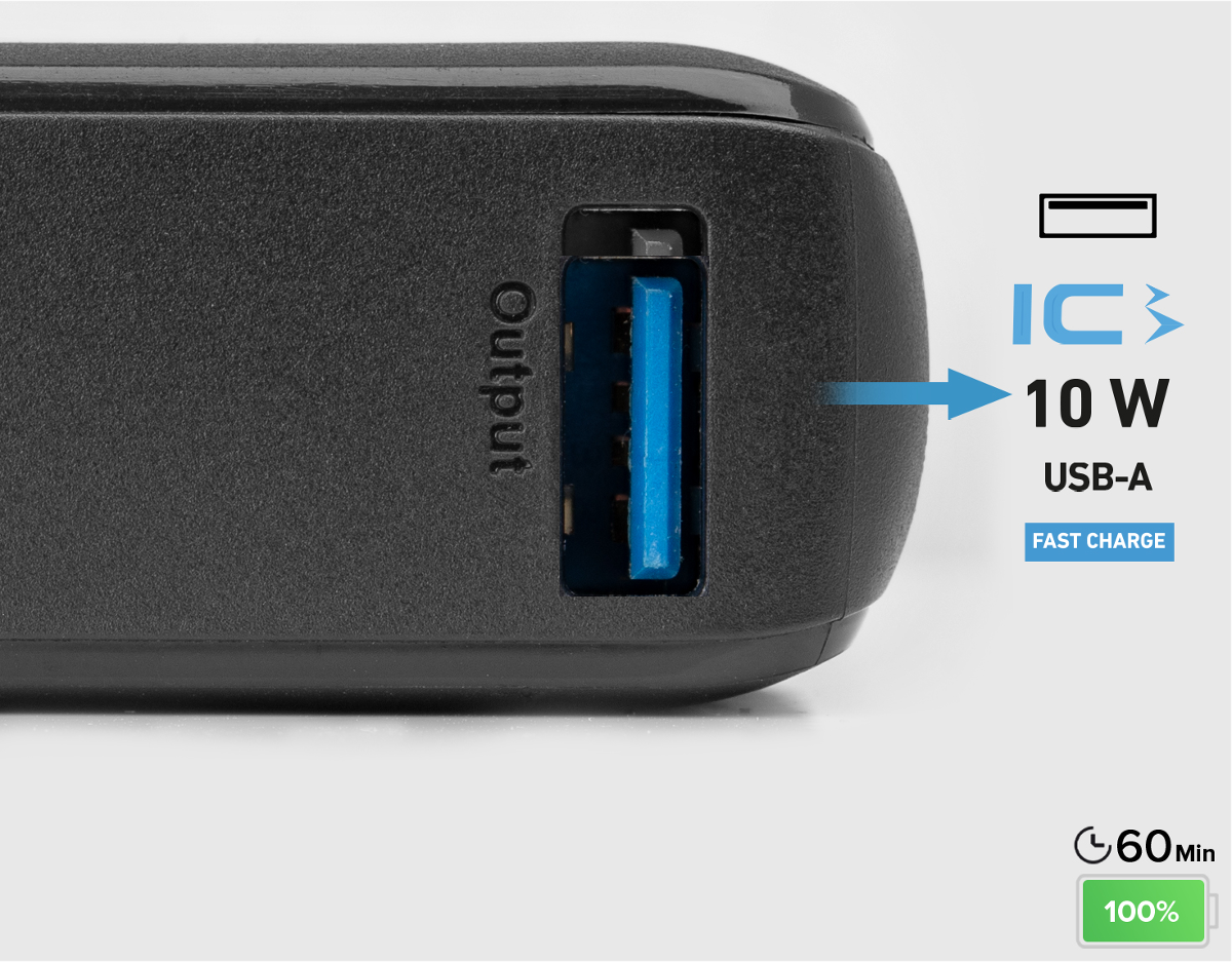 Schwarzes Ladegerät mit USB-A-Anschluss und 10W Fast Charge.
