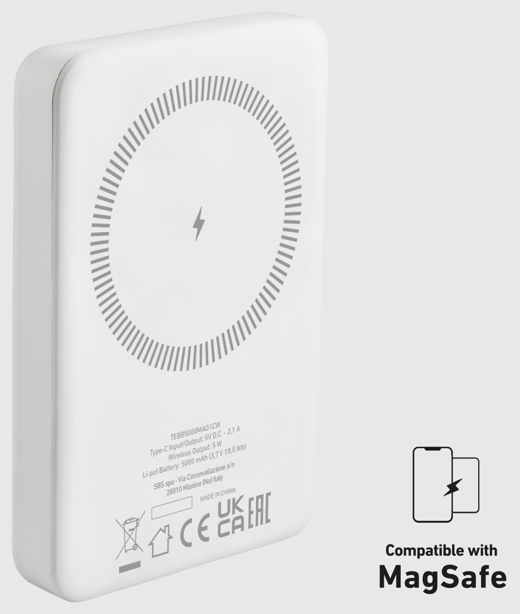Weiße Powerbank mit MagSafe-Symbol und Ladeinformationen.