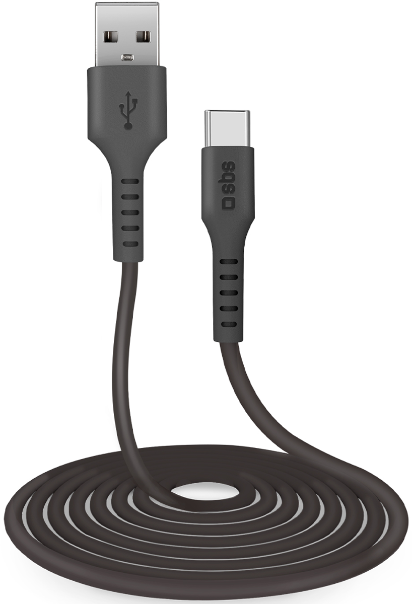 Ein graues USB-A-zu-USB-C-Kabel mit SBS-Logo, aufgerollt.