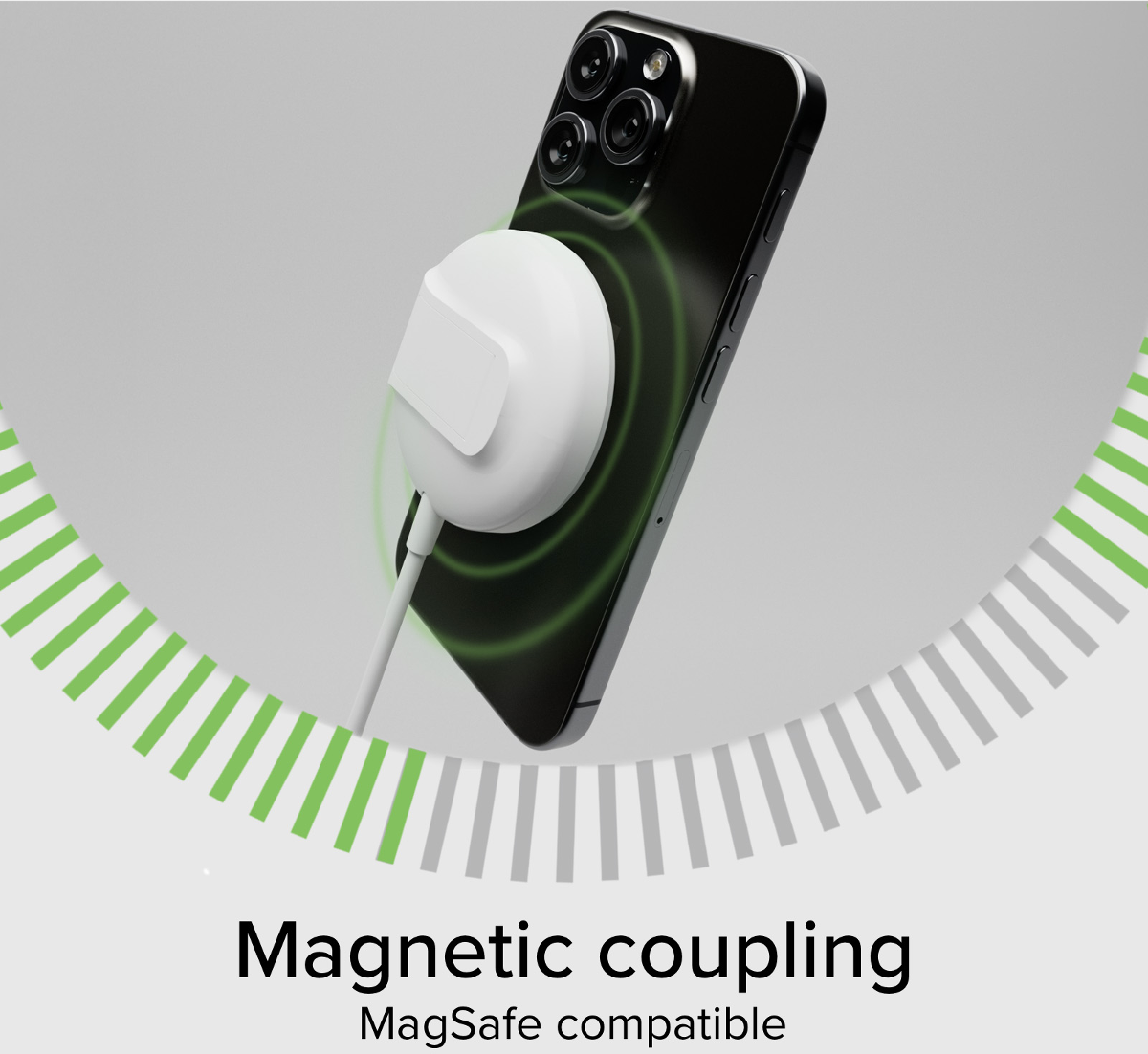 Ein weißer Magnetlader ist an einem schwarzen iPhone befestigt.
