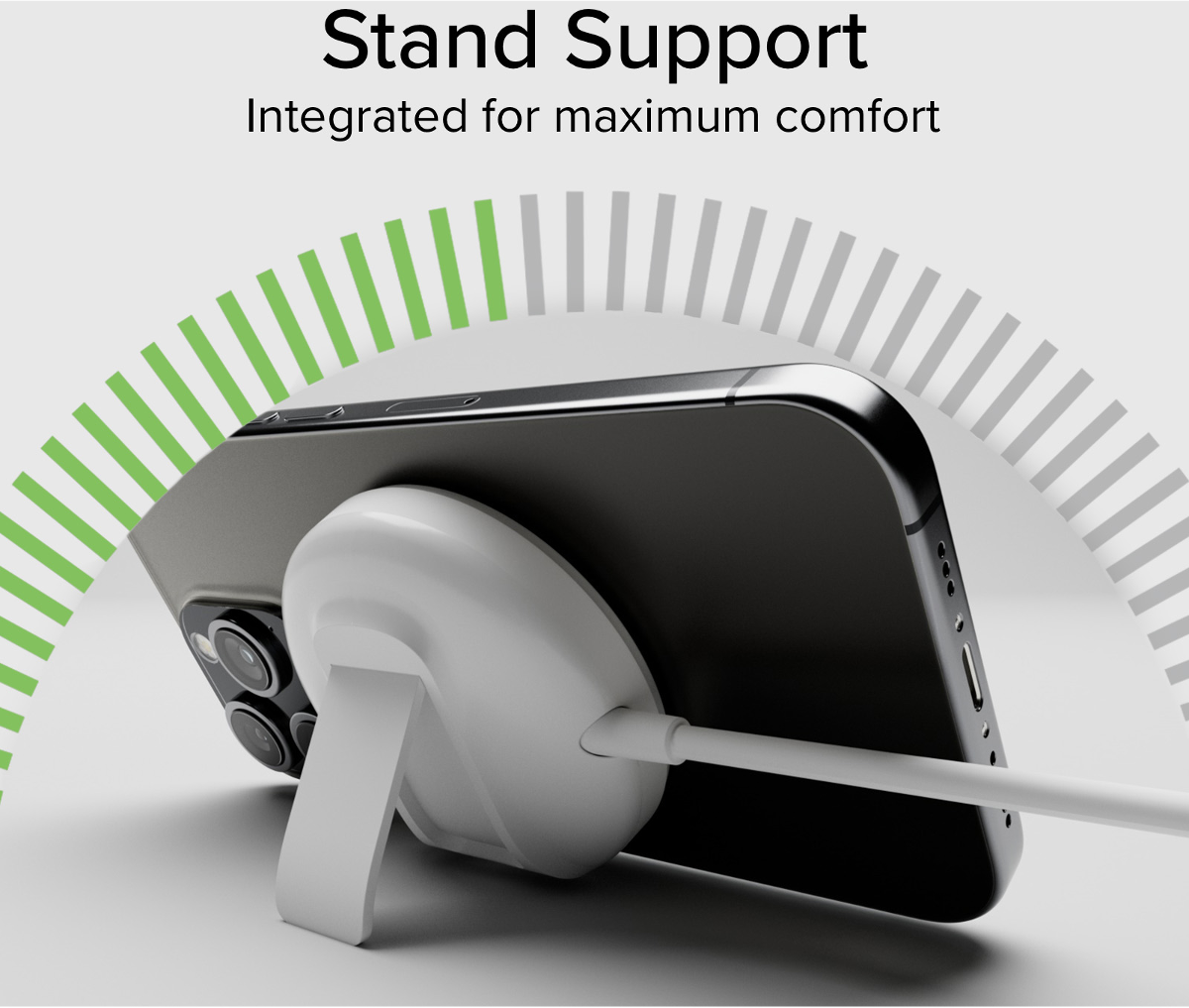 Ein weißer Handy-Ständer ist an einem schwarzen Smartphone befestigt, das aufrecht steht.