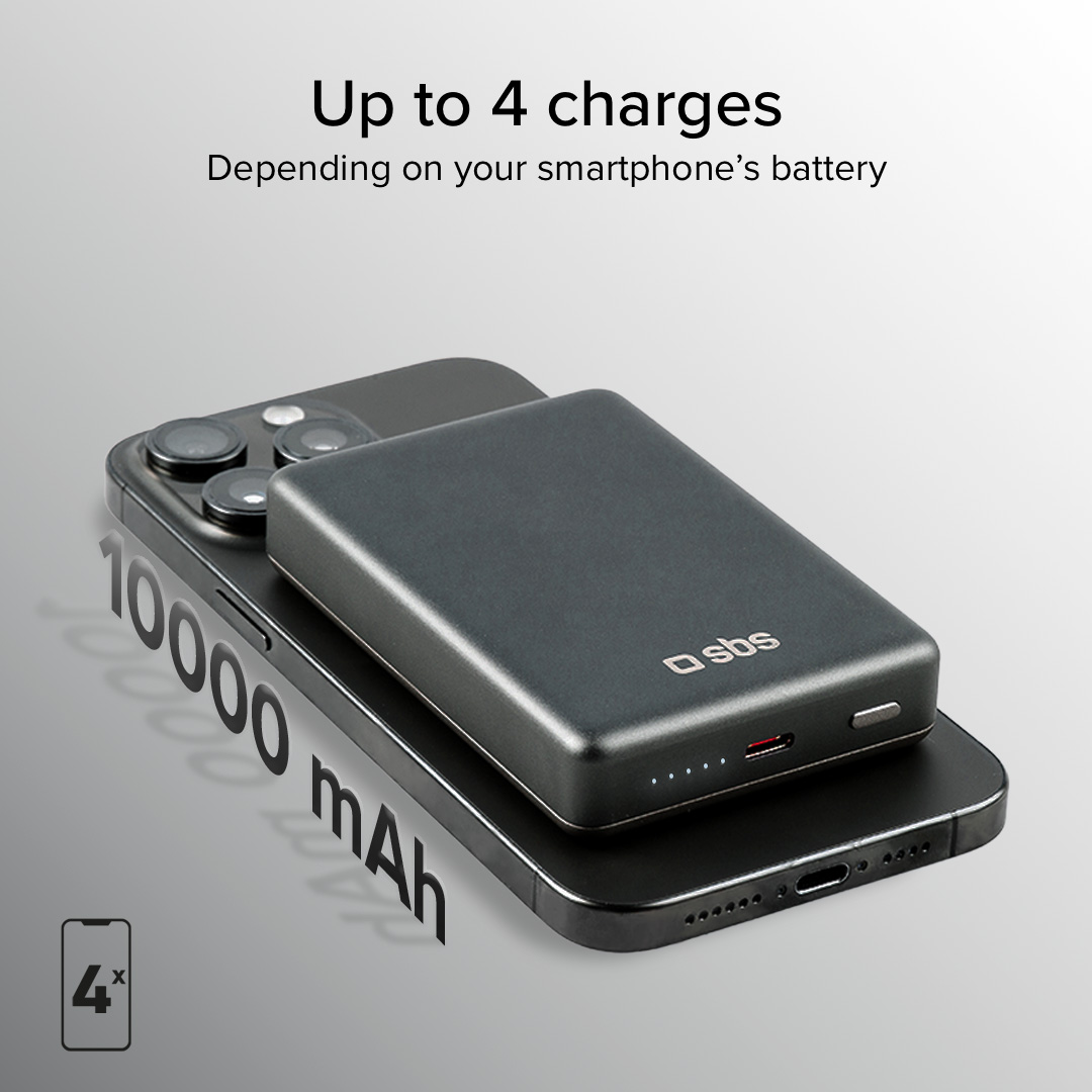Ein schwarzes Smartphone mit einer Powerbank darauf. 10000 mAh.