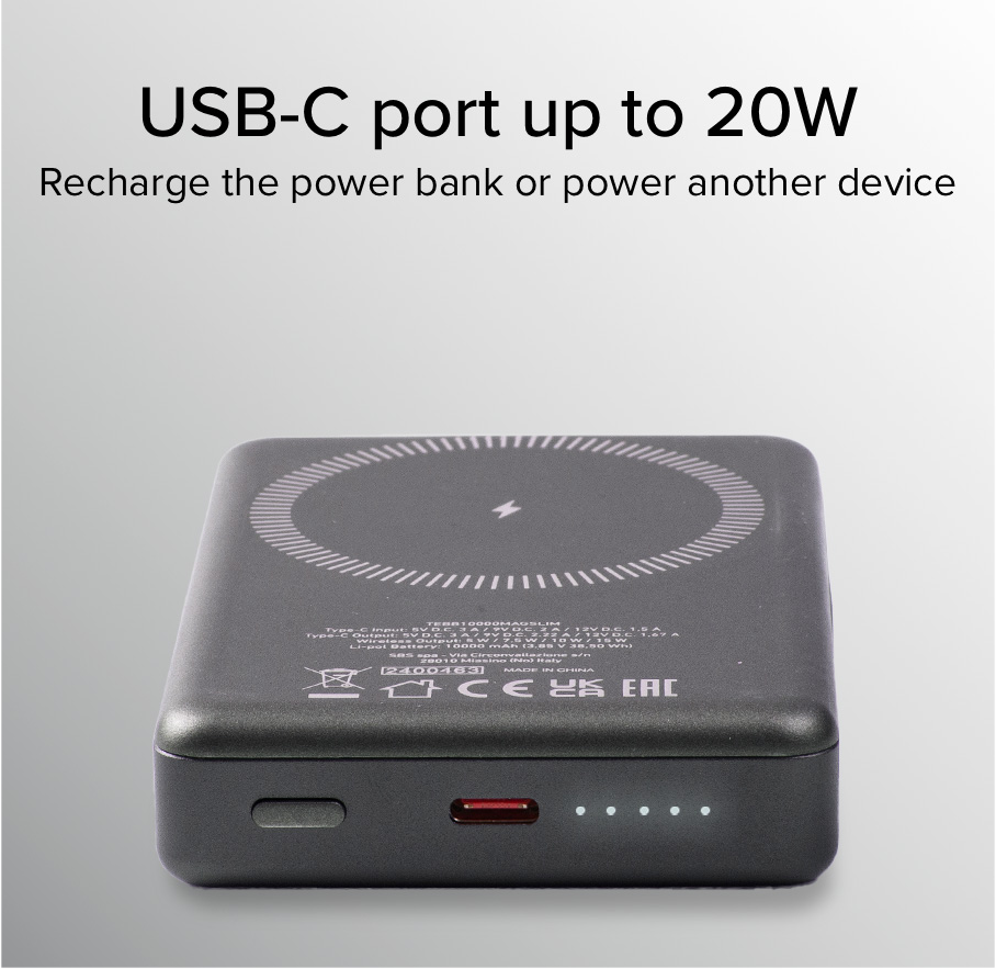 Schwarzes Powerbank mit USB-C-Anschluss und drahtloser Ladefläche.