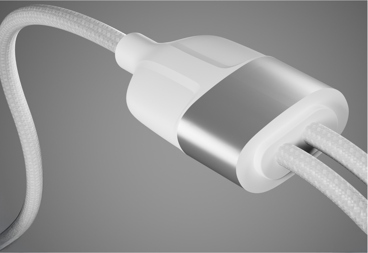 Ein weißes Kabel mit zwei Strängen und einem Metallanschluss auf grauem Hintergrund.