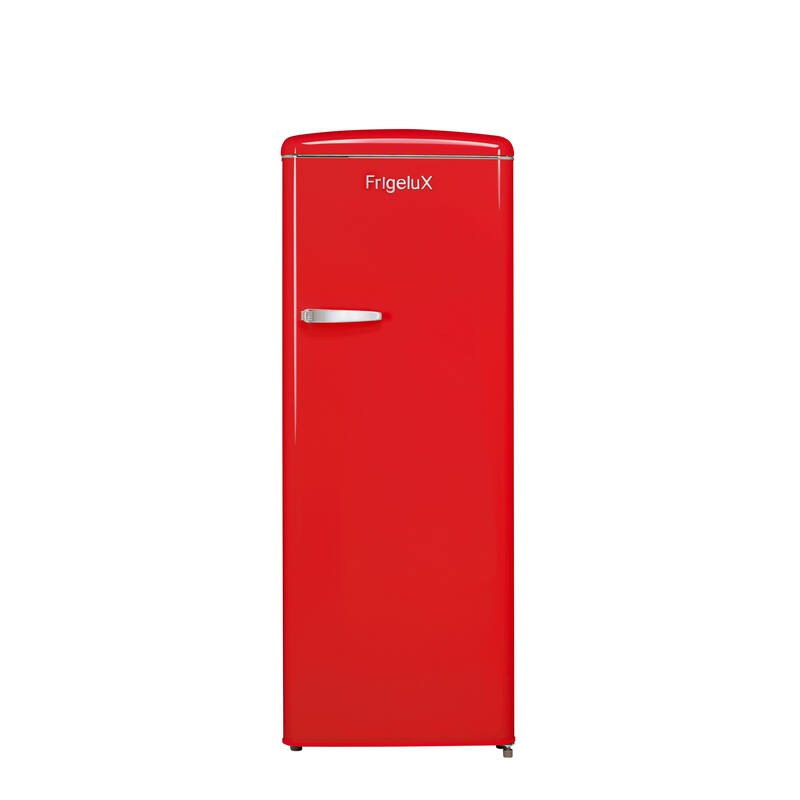 Ein roter Vintage-Kühlschrank mit FrigeluX-Logo und silbernem Griff.