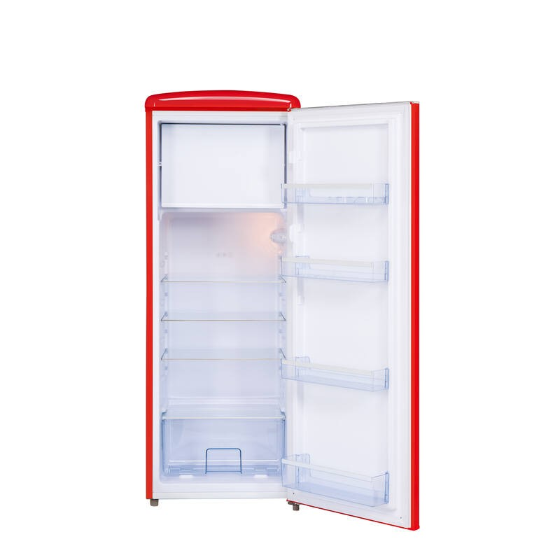 Ein roter Kühlschrank mit offener Tür, leer und sauber.