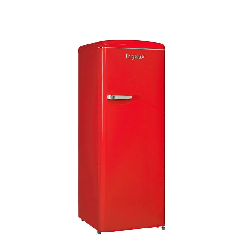 Ein roter Kühlschrank mit einem silbernen Griff. FrigeluX Logo oben.