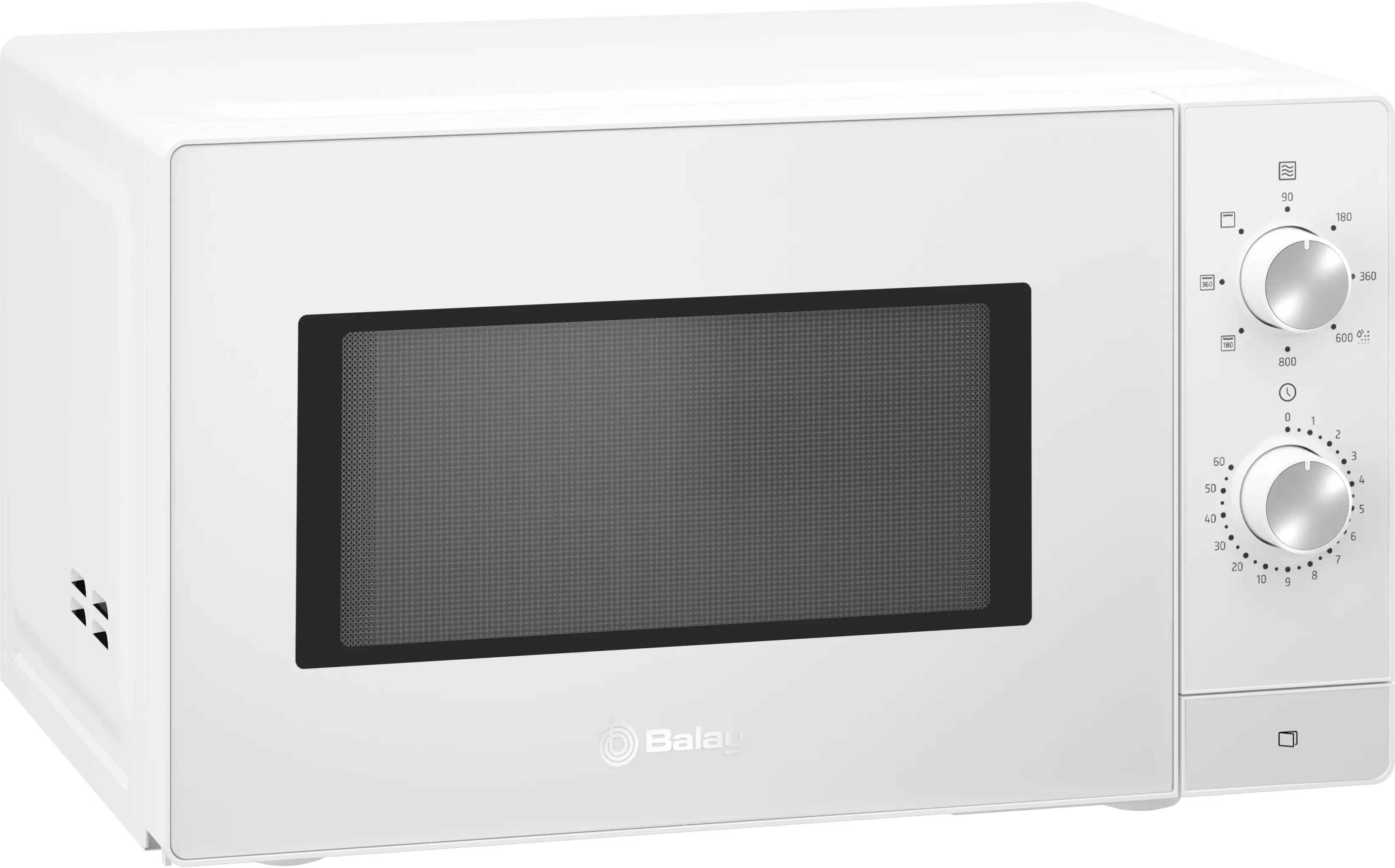Microondas blanco con puerta negra y dos mandos giratorios para ajustes de tiempo.