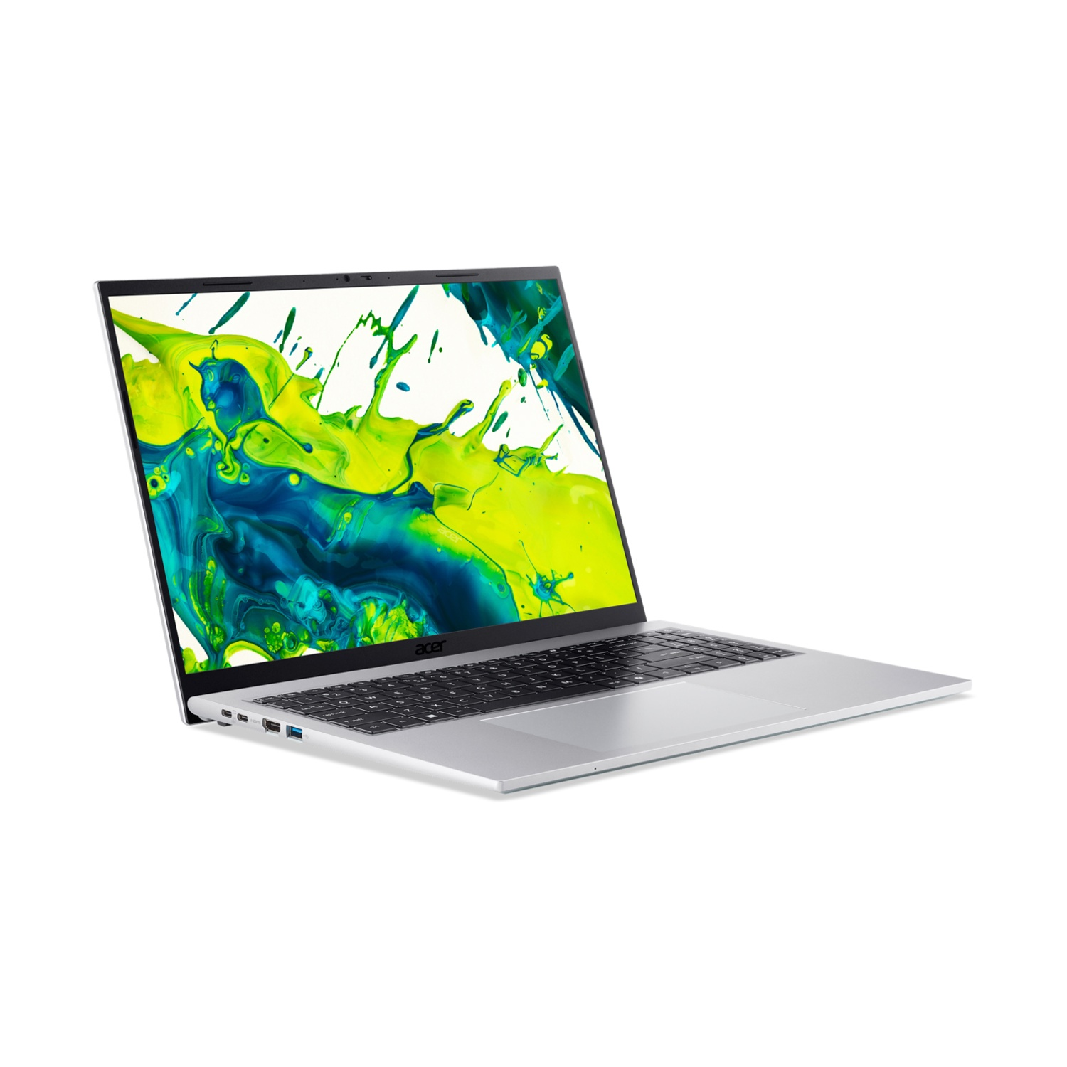 Un laptop argentato con uno sfondo vibrante e schizzato sullo schermo.