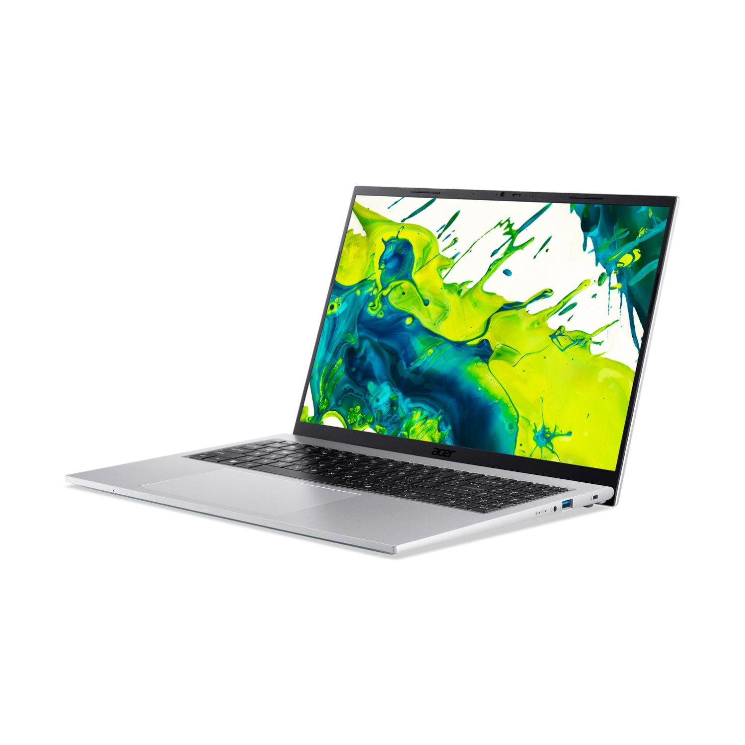Un laptop argento con uno schermo a schizzi colorati su sfondo bianco.