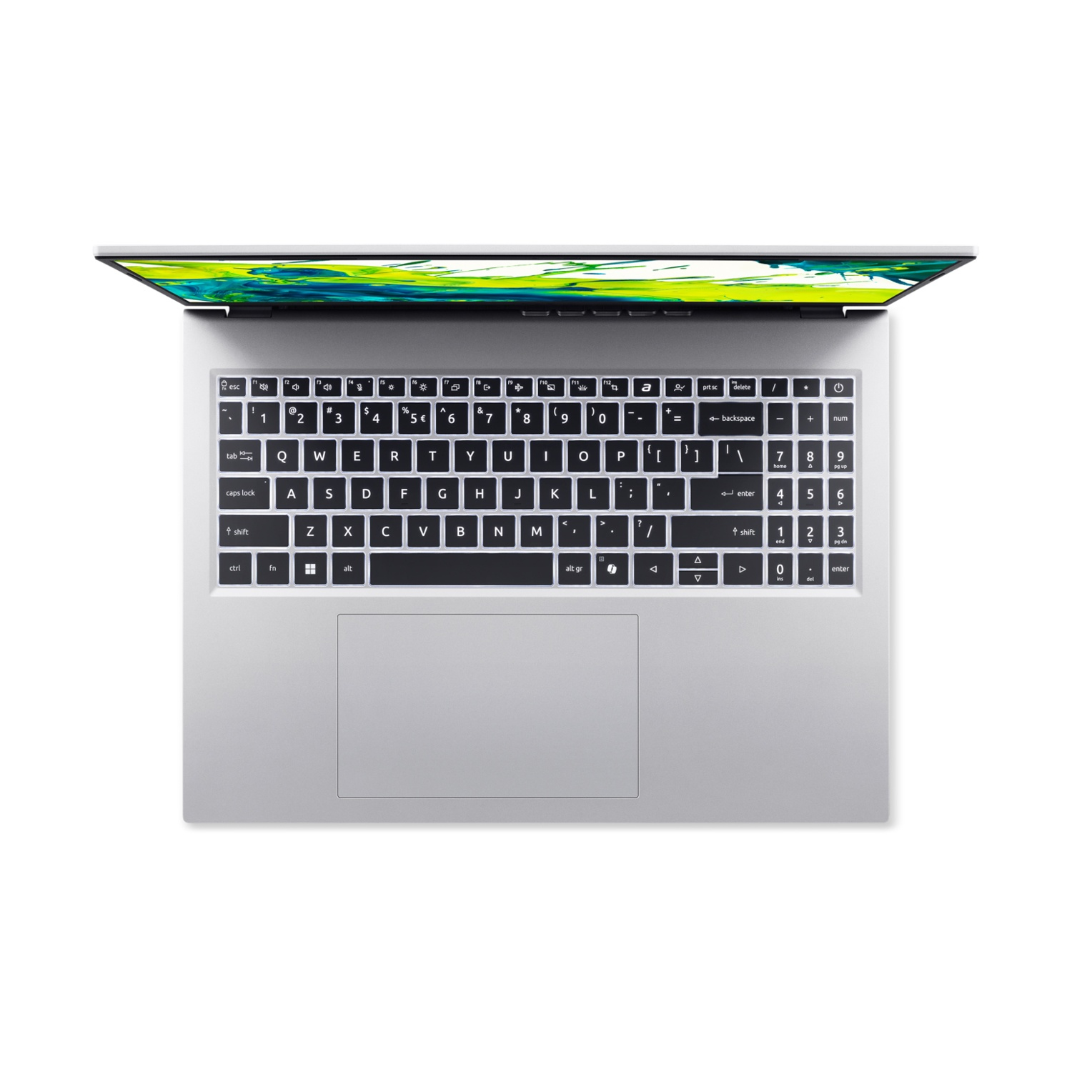 Un laptop argentato aperto con schermo e tastiera illuminati, visto dall'alto.